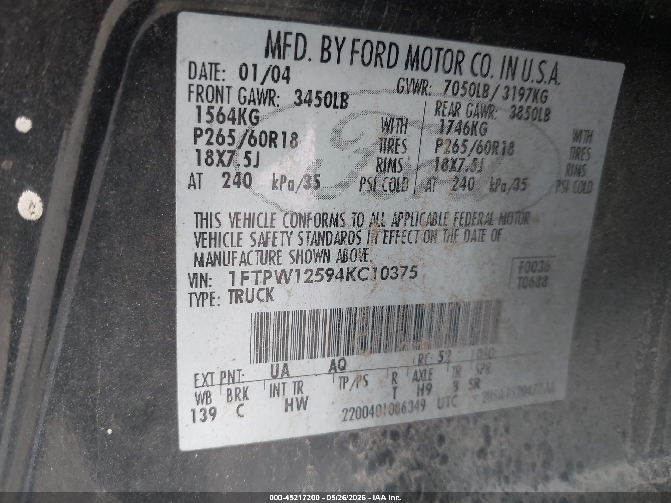 2004 Ford F-150 Lariat/xlt Black vin: 1FTPW12594KC10375