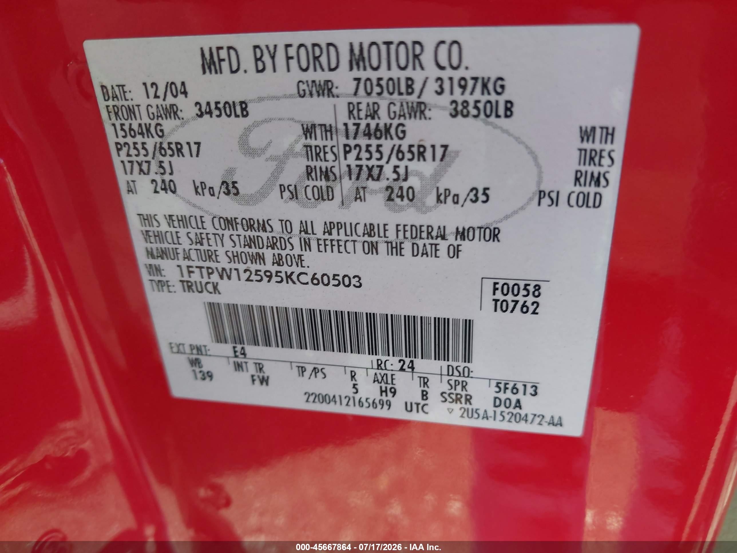 2005 Ford F-150 Lariat/xlt Red vin: 1FTPW12595KC60503