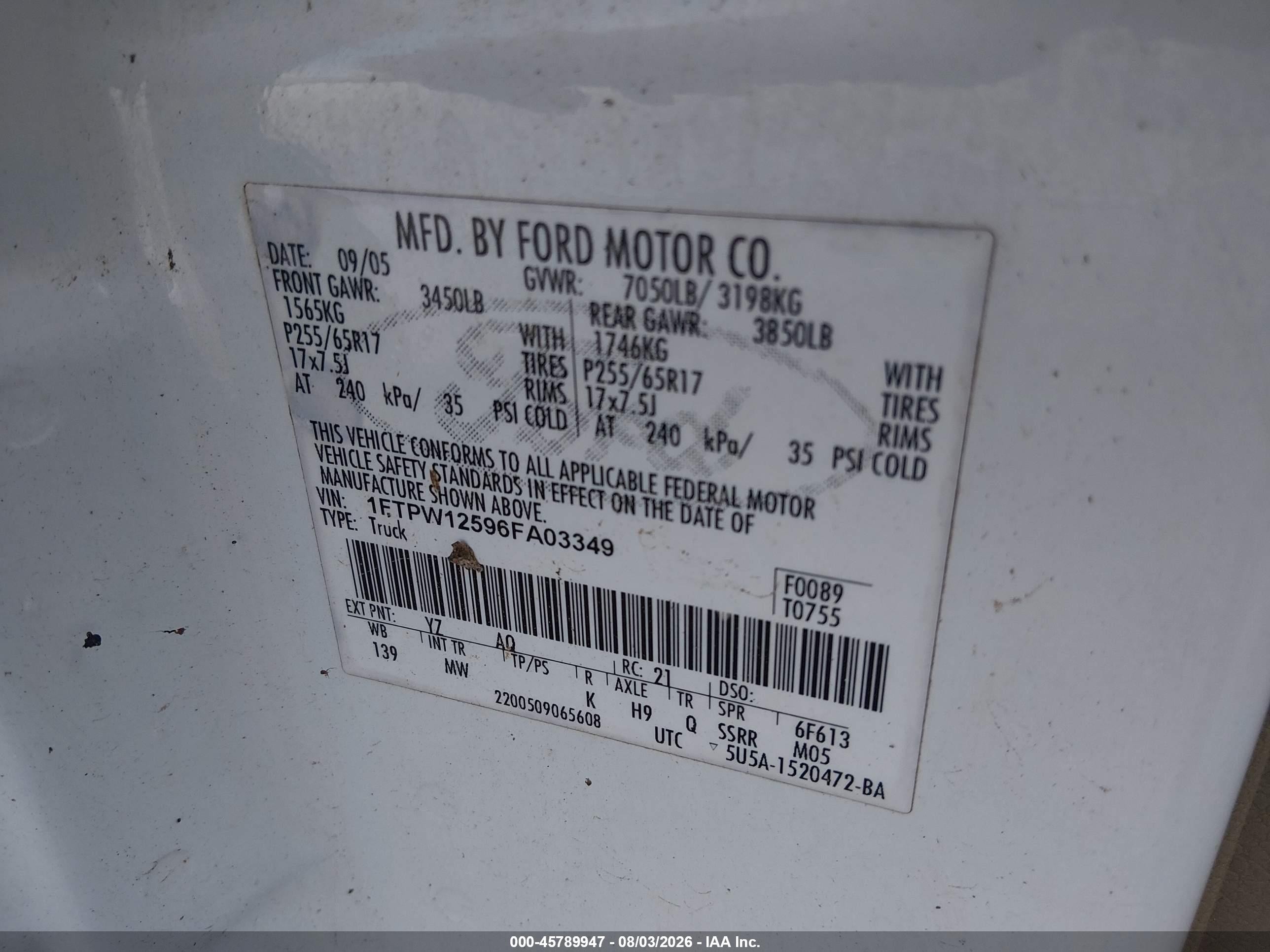 2006 Ford F-150 Lariat/xlt White vin: 1FTPW12596FA03349