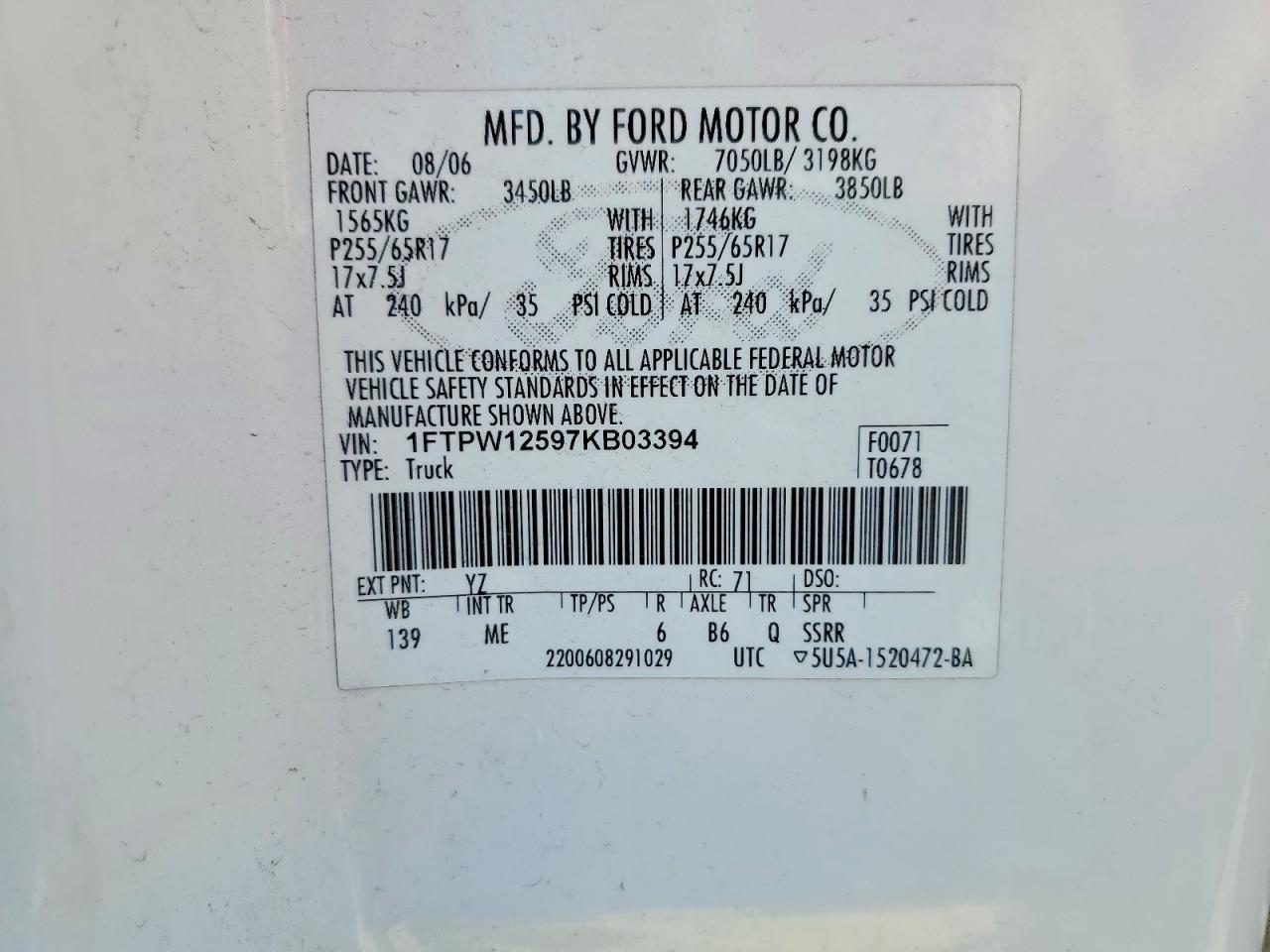 2007 Ford F150 Supercrew White vin: 1FTPW12597KB03394