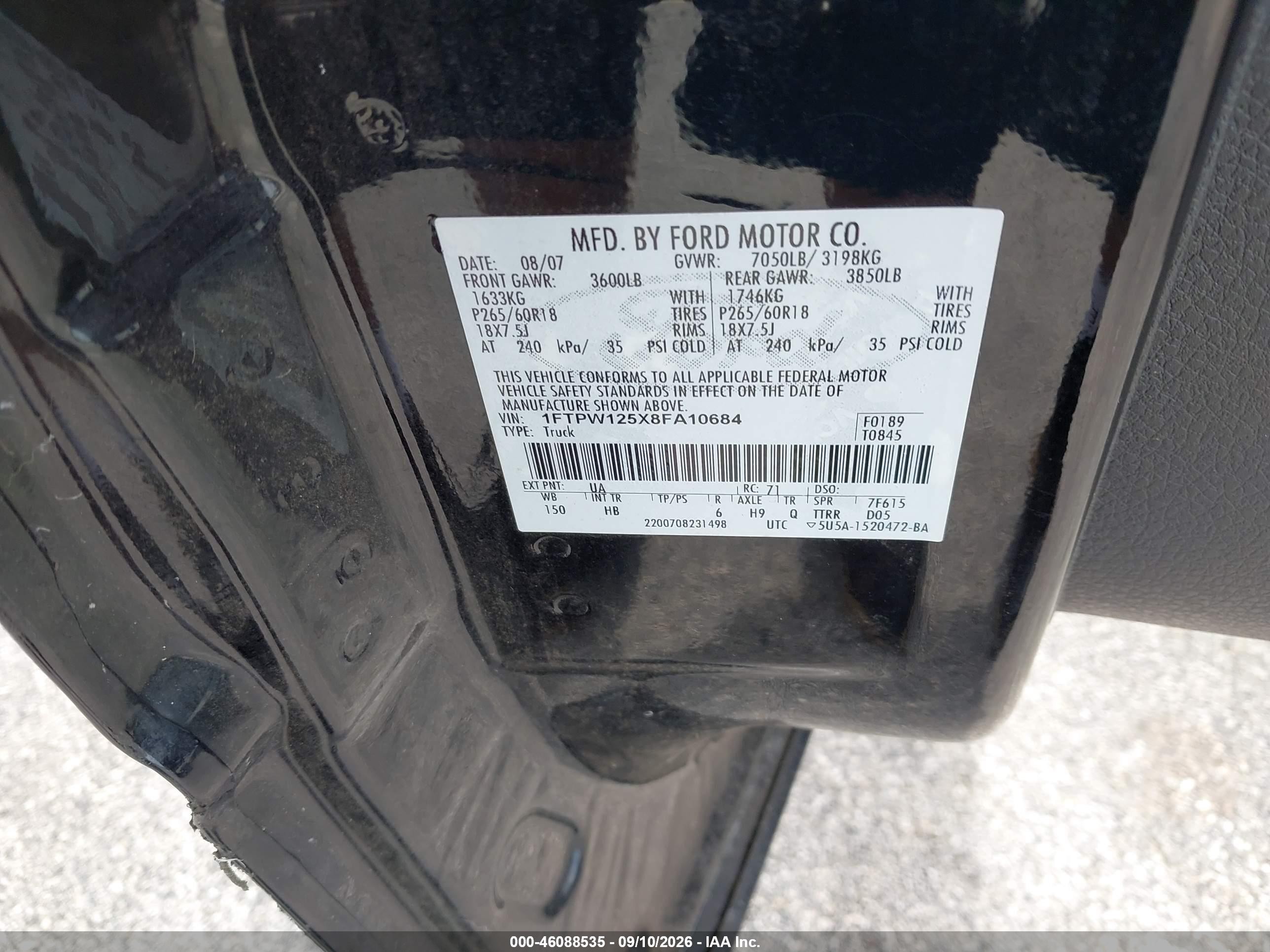 2008 Ford F-150 60th Anniversary/fx2/king Ranch/lariat/limited/xlt Black vin: 1FTPW125X8FA10684