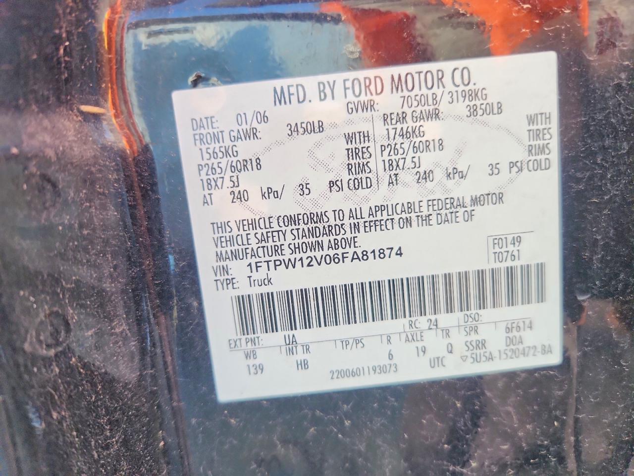 2006 Ford F150 Supercrew Black vin: 1FTPW12V06FA81874