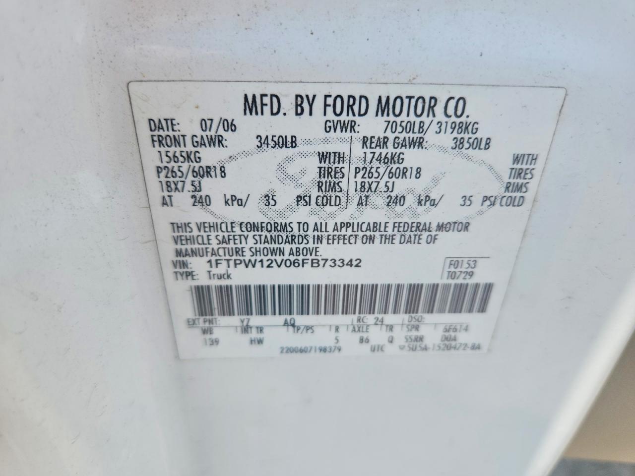 2006 Ford F150 Supercrew White vin: 1FTPW12V06FB73342