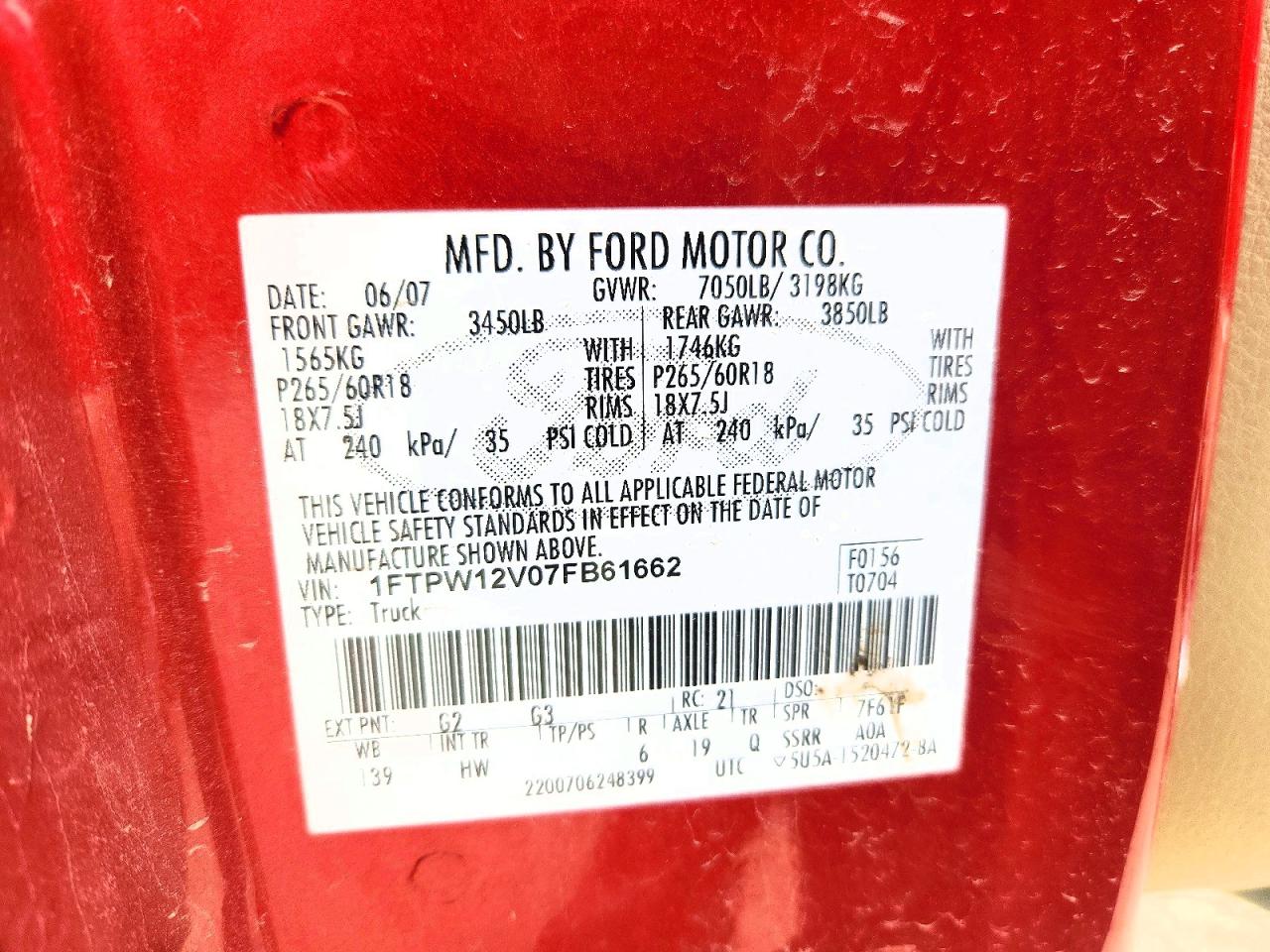 2007 Ford F150 Supercrew Red vin: 1FTPW12V07FB61662