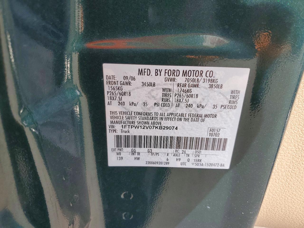 2007 Ford F150 Supercrew Green vin: 1FTPW12V07KB29074