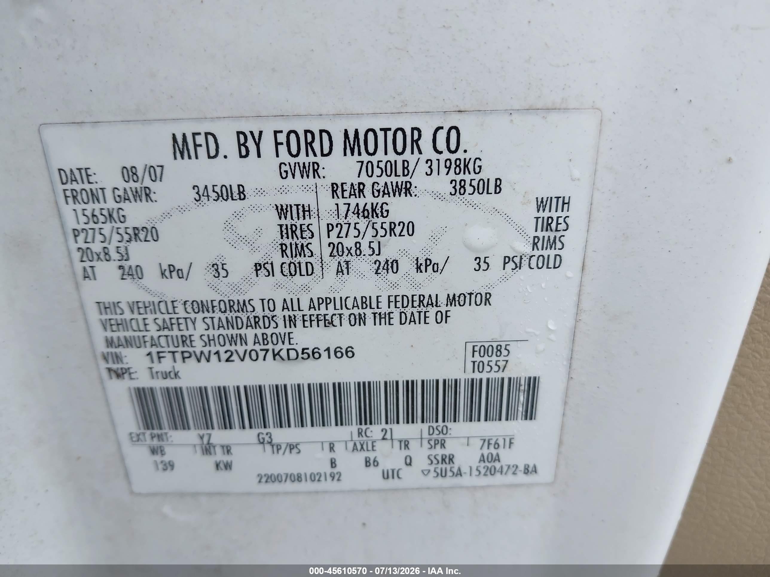 2007 Ford F-150 Lariat/xlt White vin: 1FTPW12V07KD56166