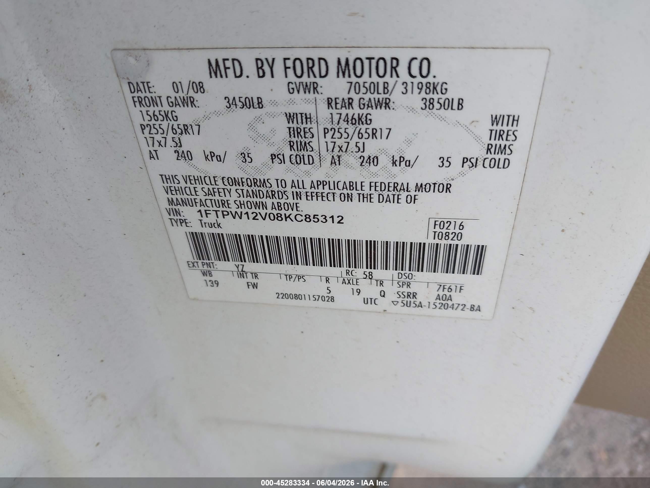 2008 Ford F-150 60th Anniversary/fx2/king Ranch/lariat/xlt White vin: 1FTPW12V08KC85312