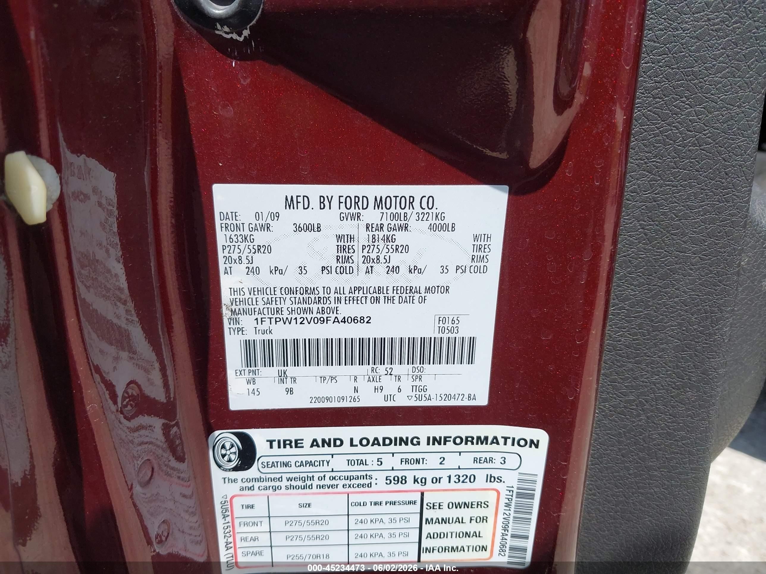 2009 Ford F-150 Platinum Maroon vin: 1FTPW12V09FA40682