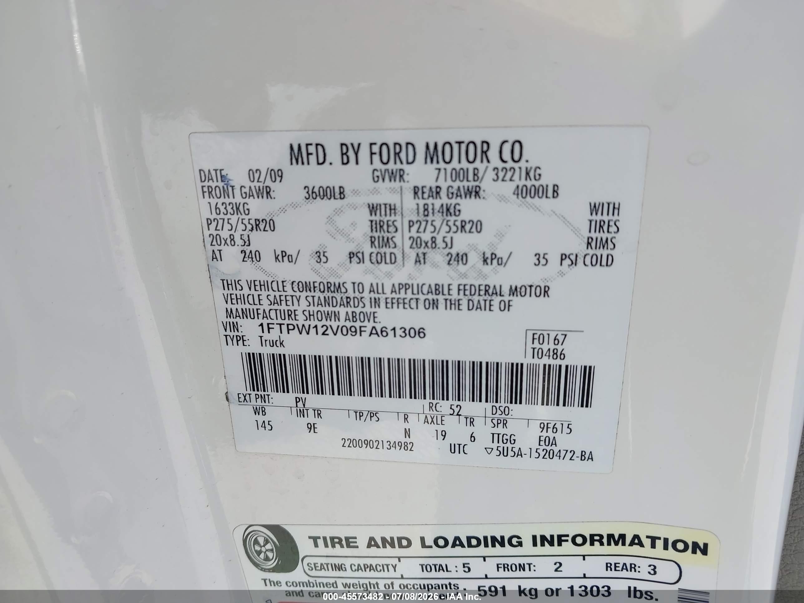 2009 Ford F-150 King Ranch/lariat/platinum/xl/xlt White vin: 1FTPW12V09FA61306