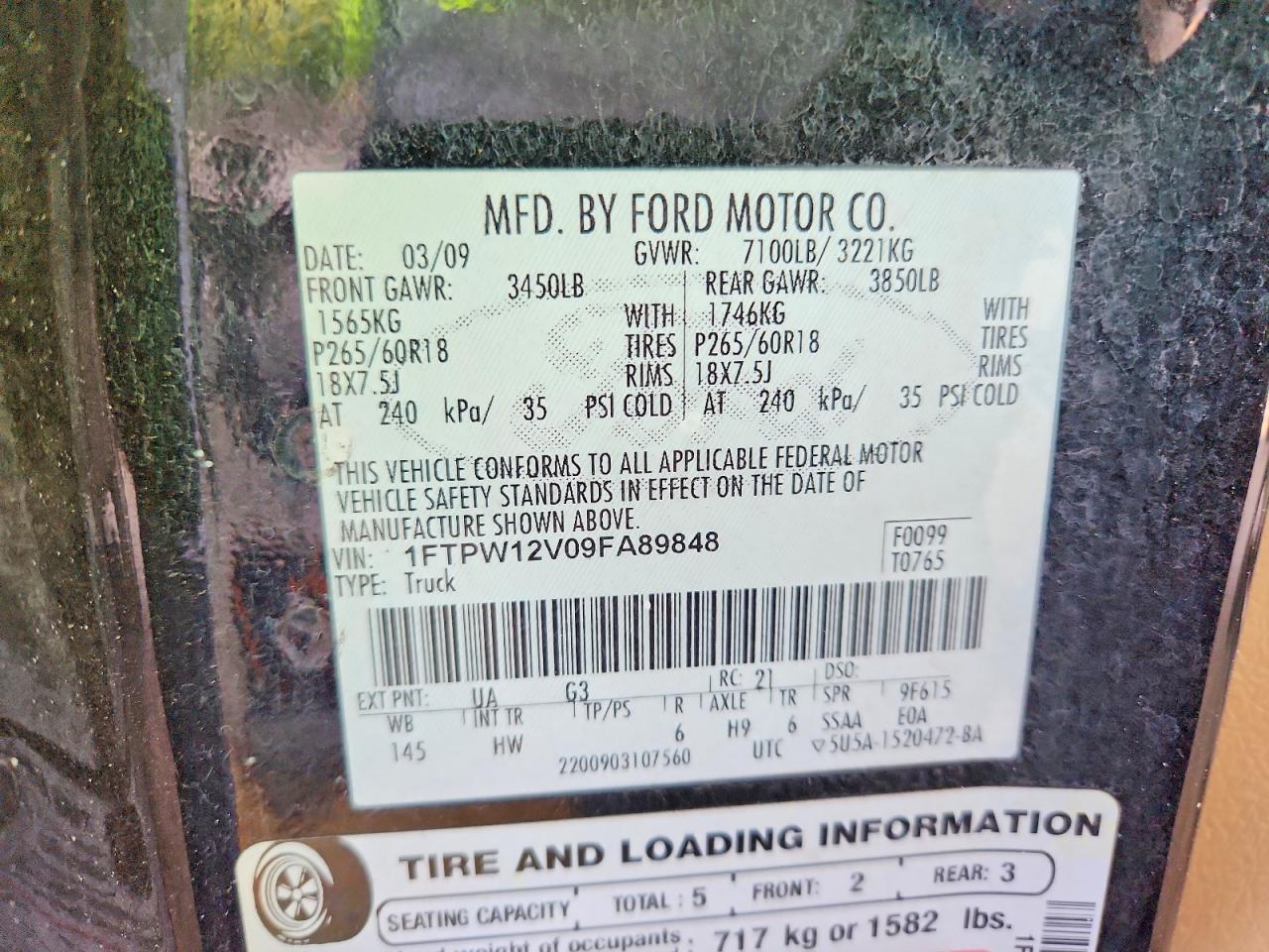 2009 Ford F150 Supercrew Black vin: 1FTPW12V09FA89848