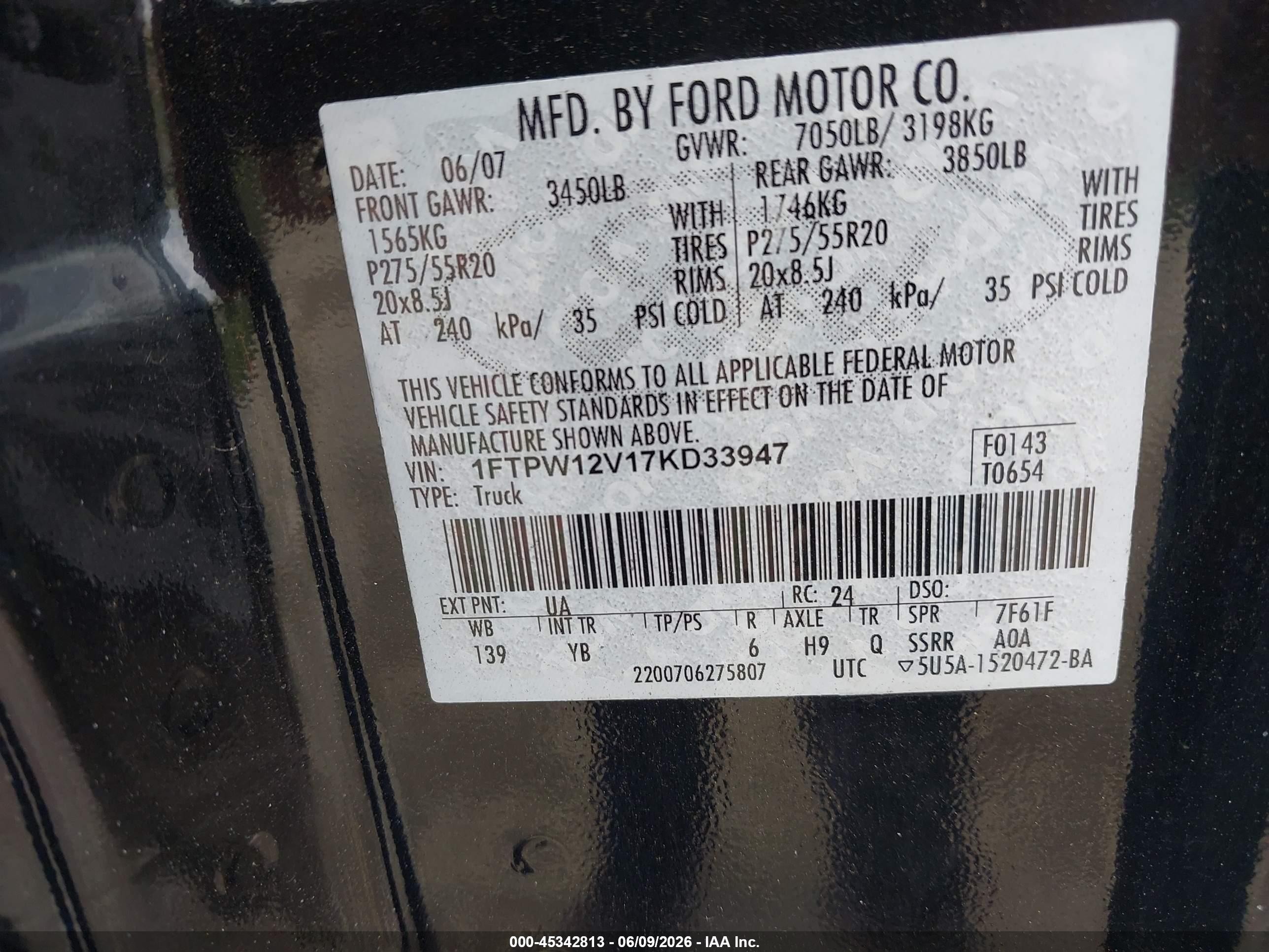 2007 Ford F-150 Lariat/xlt Black vin: 1FTPW12V17KD33947