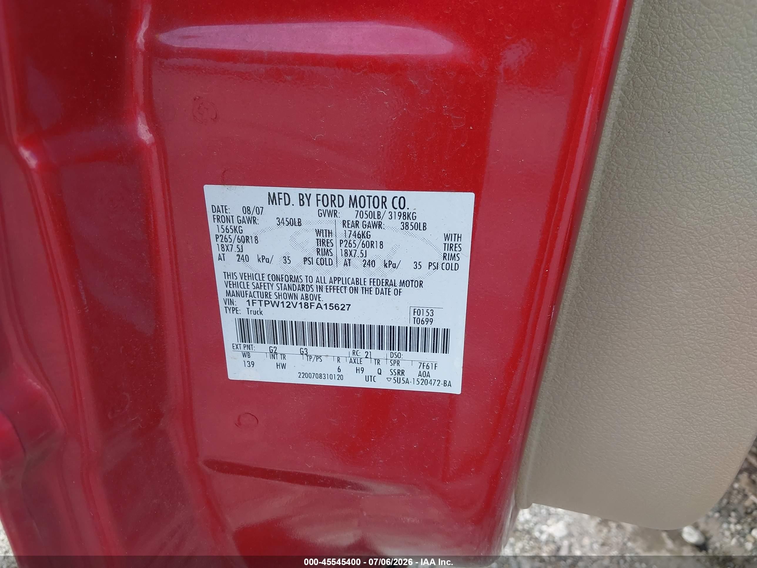 2008 Ford F-150 60th Anniversary/fx2/king Ranch/lariat/xlt Red vin: 1FTPW12V18FA15627
