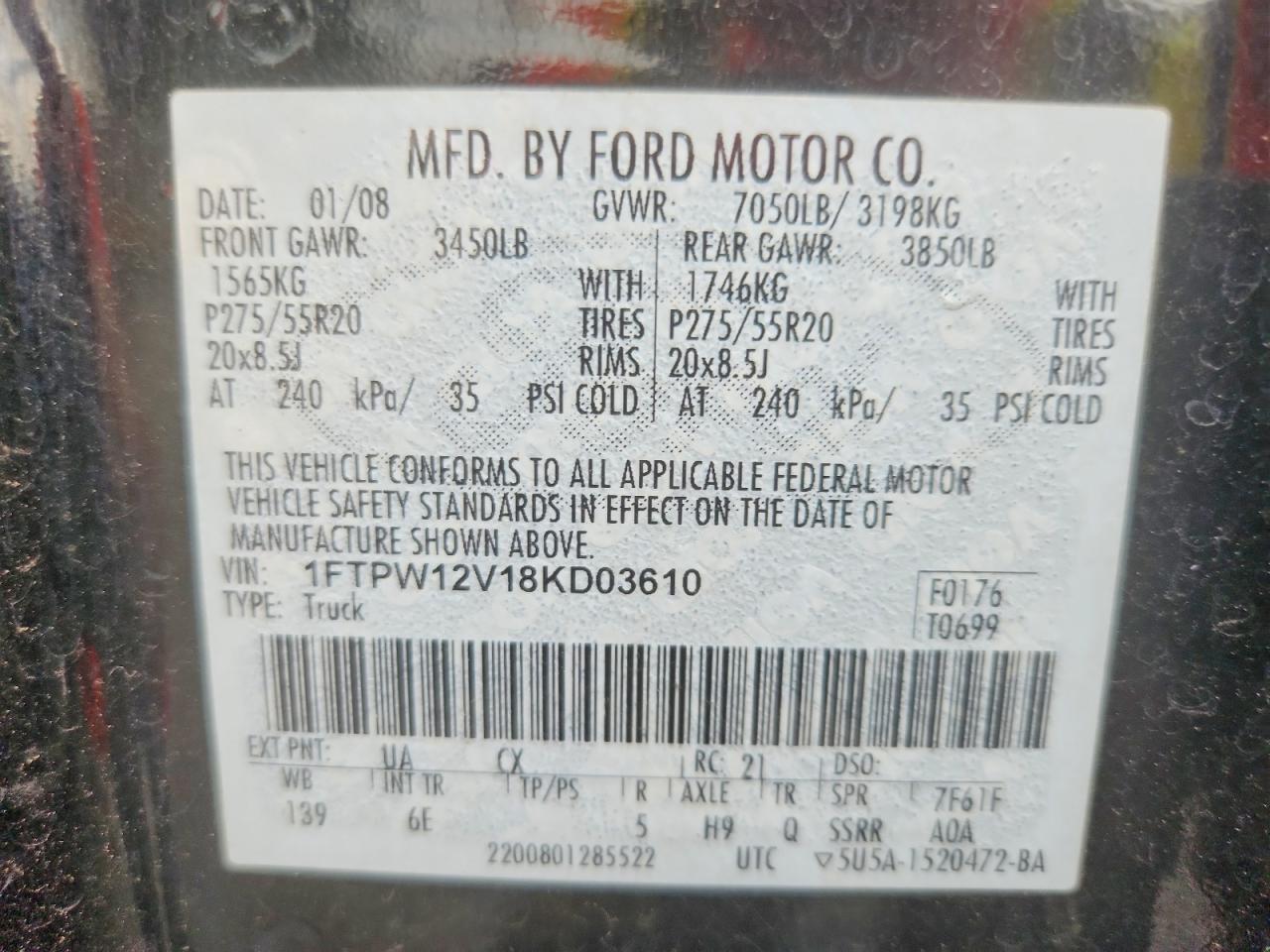 2008 Ford F150 Supercrew Black vin: 1FTPW12V18KD03610