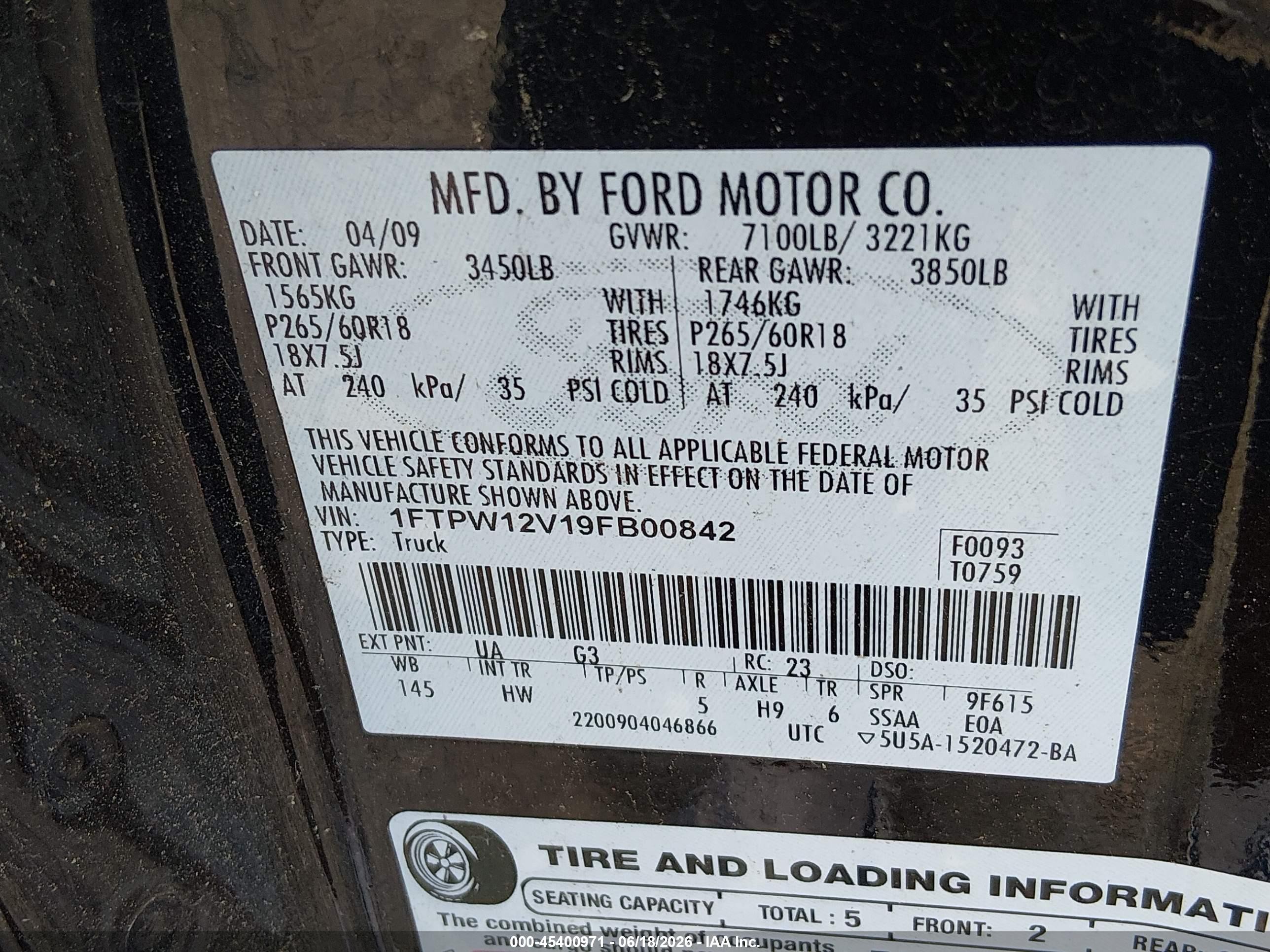2009 Ford F-150 King Ranch/lariat/platinum/xl/xlt Black vin: 1FTPW12V19FB00842