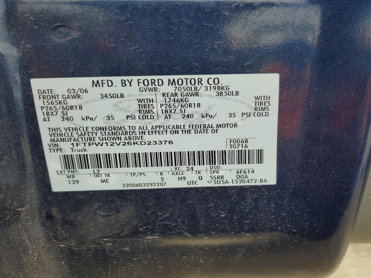 2006 Ford F150 Supercrew Blue vin: 1FTPW12V26KD23376