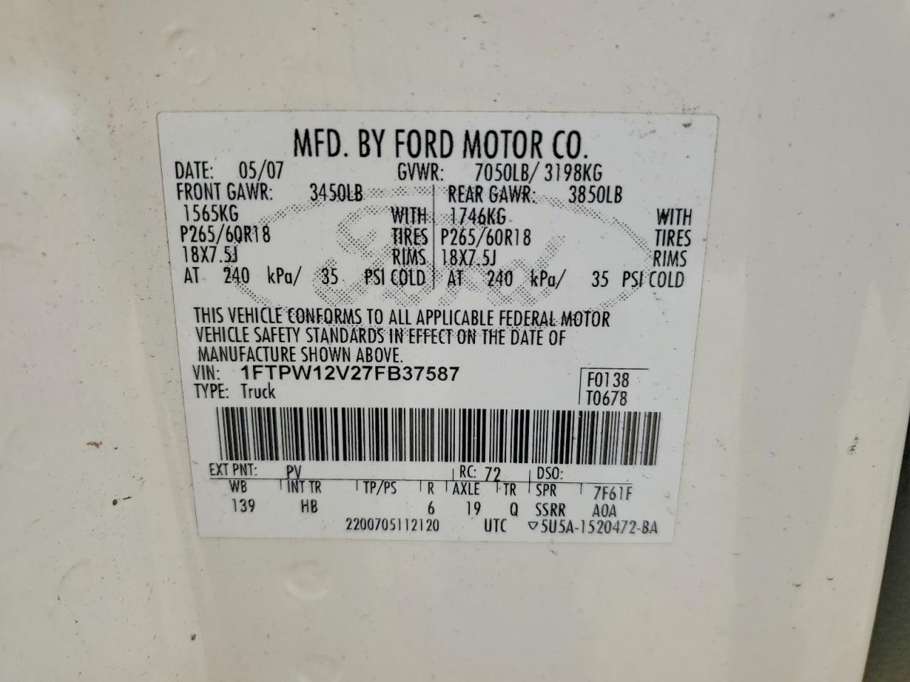 2007 Ford F150 Supercrew Белый vin: 1FTPW12V27FB37587