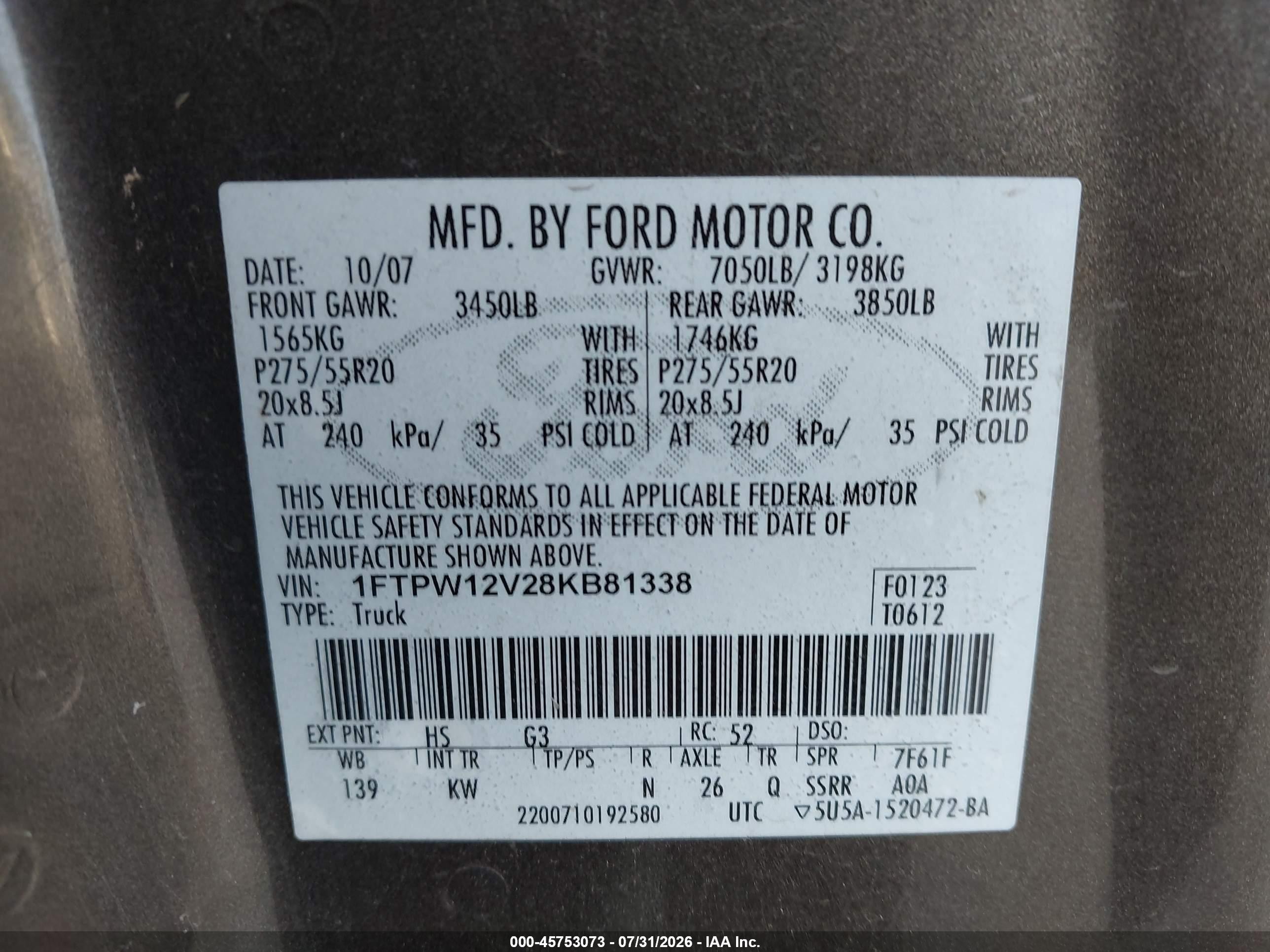 2008 Ford F-150 60th Anniversary/fx2/king Ranch/lariat/xlt Brown vin: 1FTPW12V28KB81338