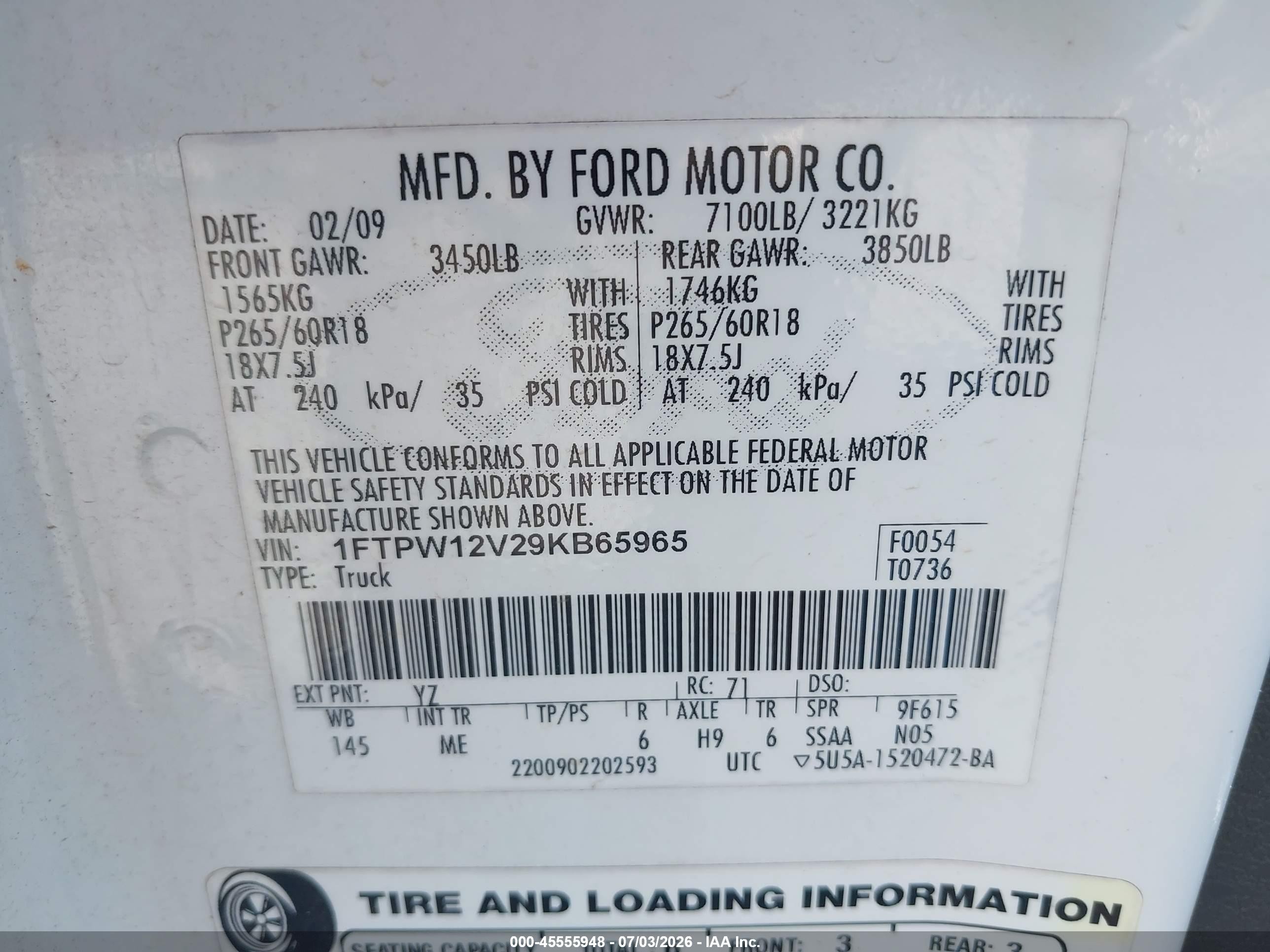 2009 Ford F-150 King Ranch/lariat/platinum/xl/xlt White vin: 1FTPW12V29KB65965
