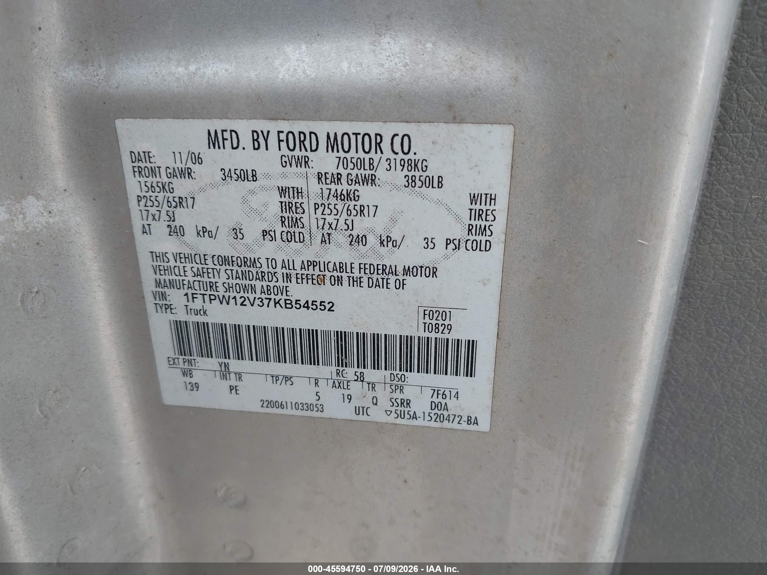 2007 Ford F-150 Lariat/xlt Silver vin: 1FTPW12V37KB54552