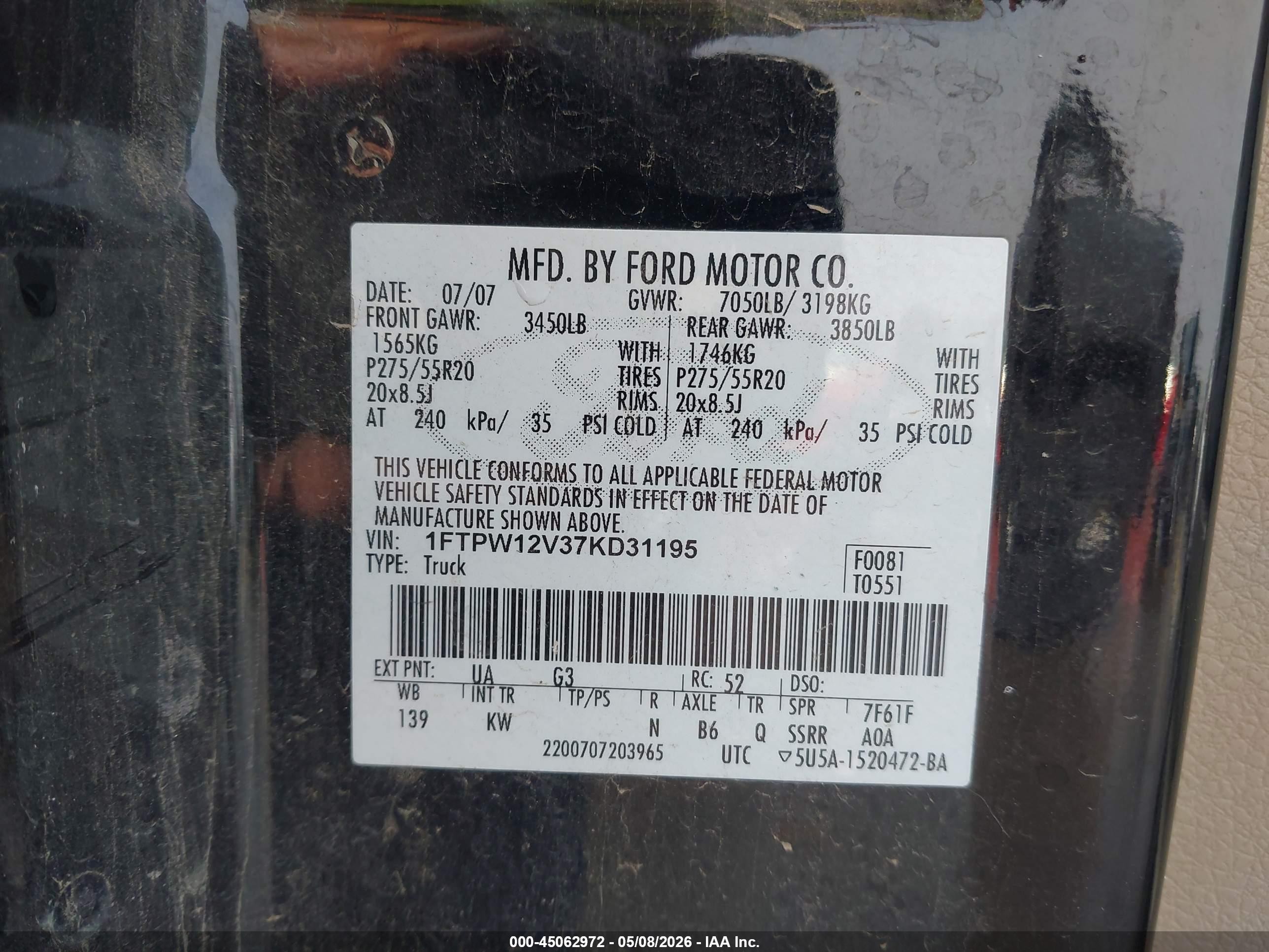2007 Ford F-150 Lariat/xlt Black vin: 1FTPW12V37KD31195