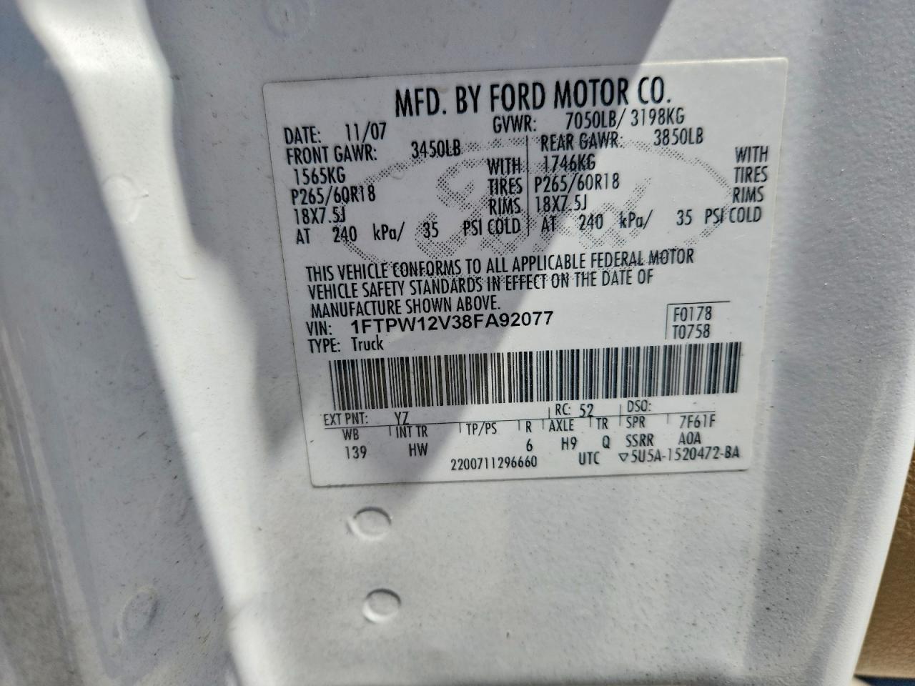 2008 Ford F150 Supercrew White vin: 1FTPW12V38FA92077