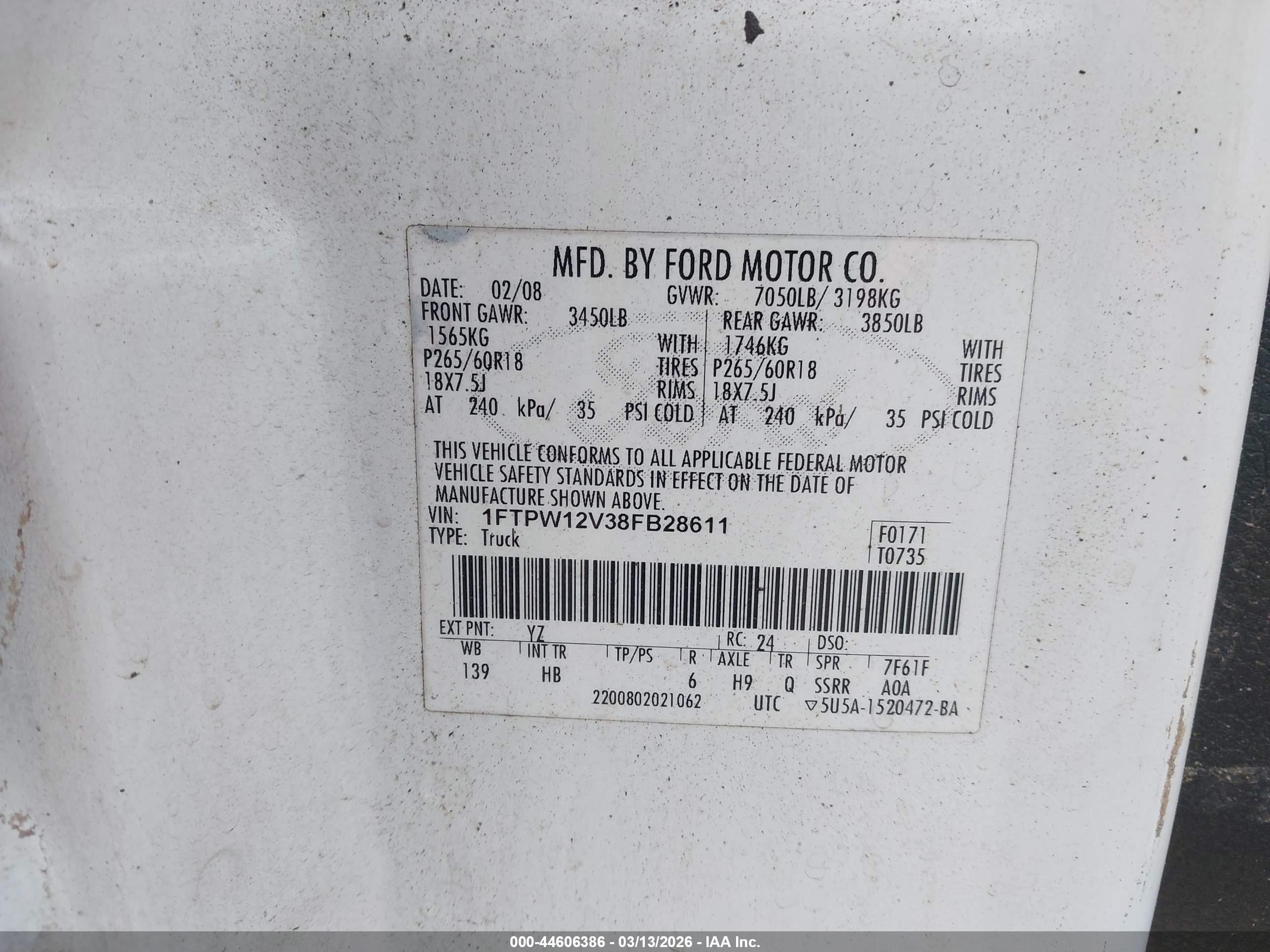2008 Ford F-150 Lariat White vin: 1FTPW12V38FB28611