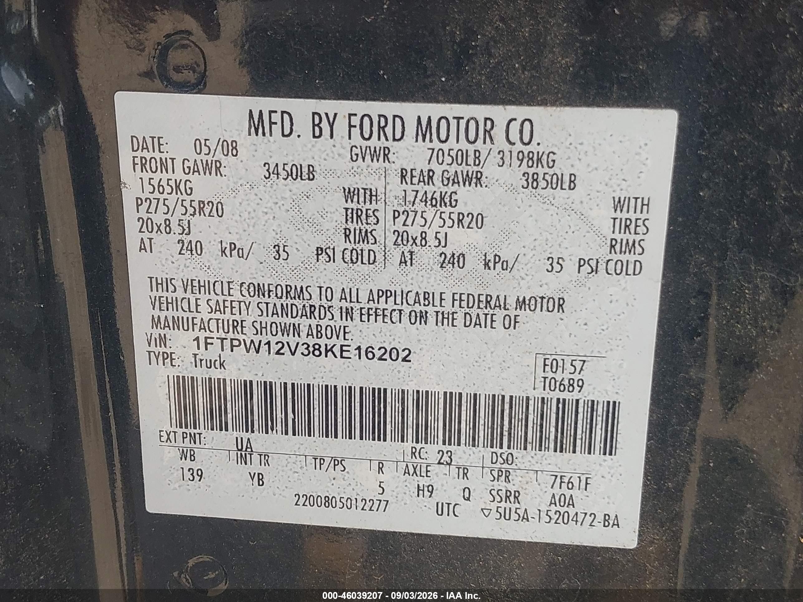 2008 Ford F-150 60th Anniversary/fx2/king Ranch/lariat/xlt Черный vin: 1FTPW12V38KE16202
