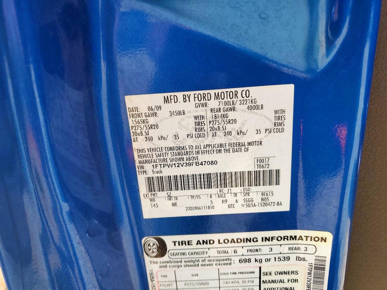 2009 Ford F150 Supercrew Blue vin: 1FTPW12V39FB47080