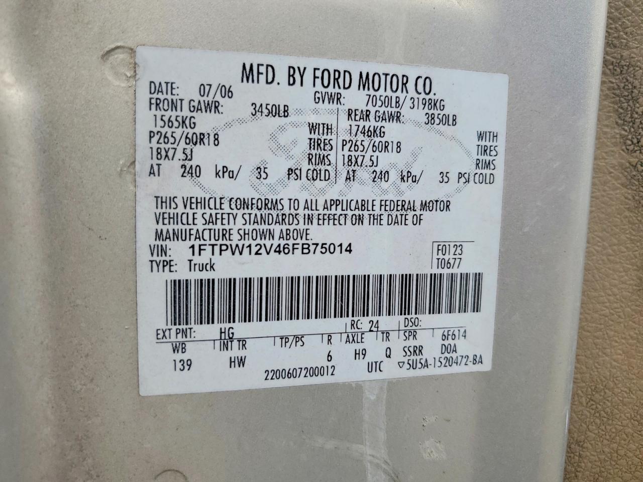 2006 Ford F150 Supercrew Silver vin: 1FTPW12V46FB75014