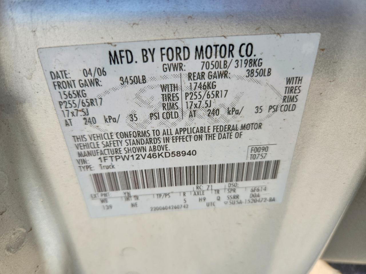 2006 Ford F150 Supercrew Silver vin: 1FTPW12V46KD58940