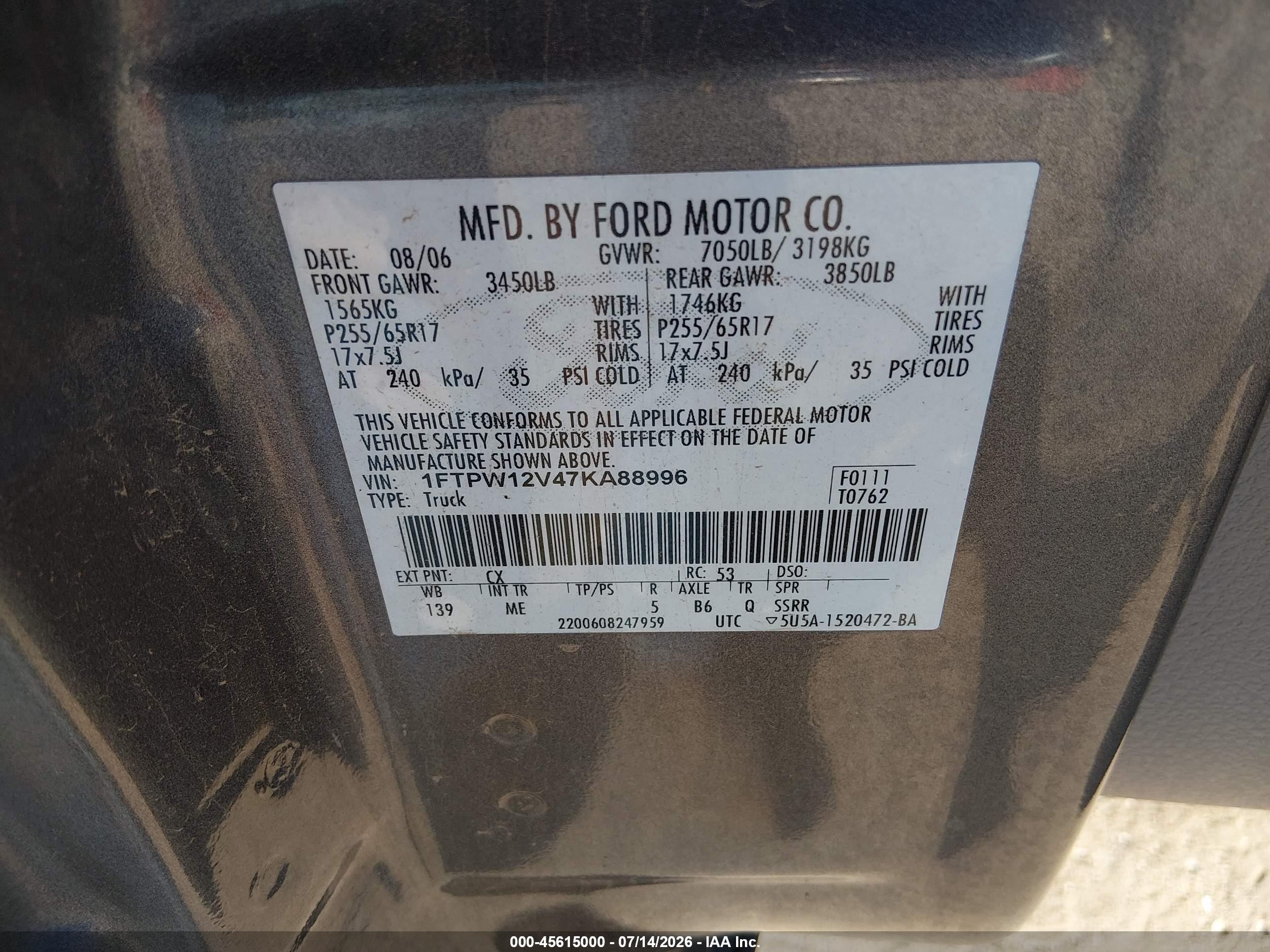 2007 Ford F-150 Lariat/xlt Gray vin: 1FTPW12V47KA88996