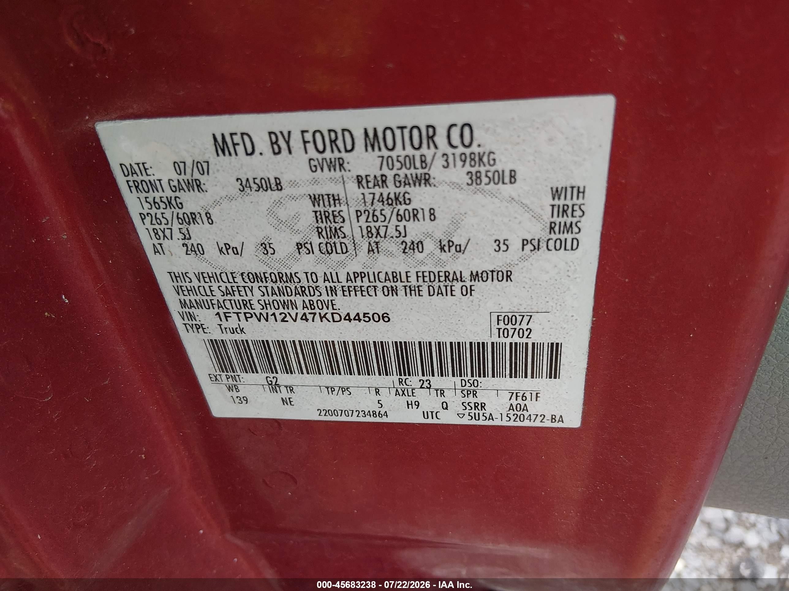 2007 Ford F-150 Lariat/xlt Red vin: 1FTPW12V47KD44506