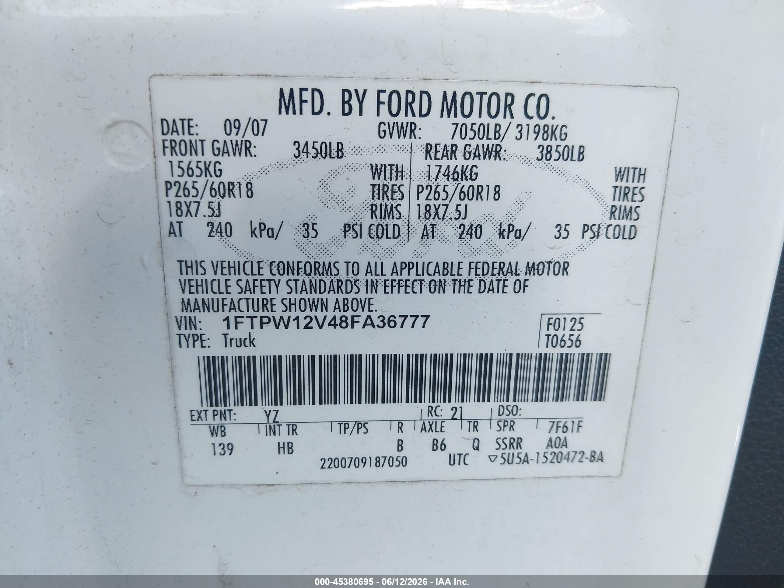 2008 Ford F-150 60th Anniversary/fx2/king Ranch/lariat/xlt Белый vin: 1FTPW12V48FA36777
