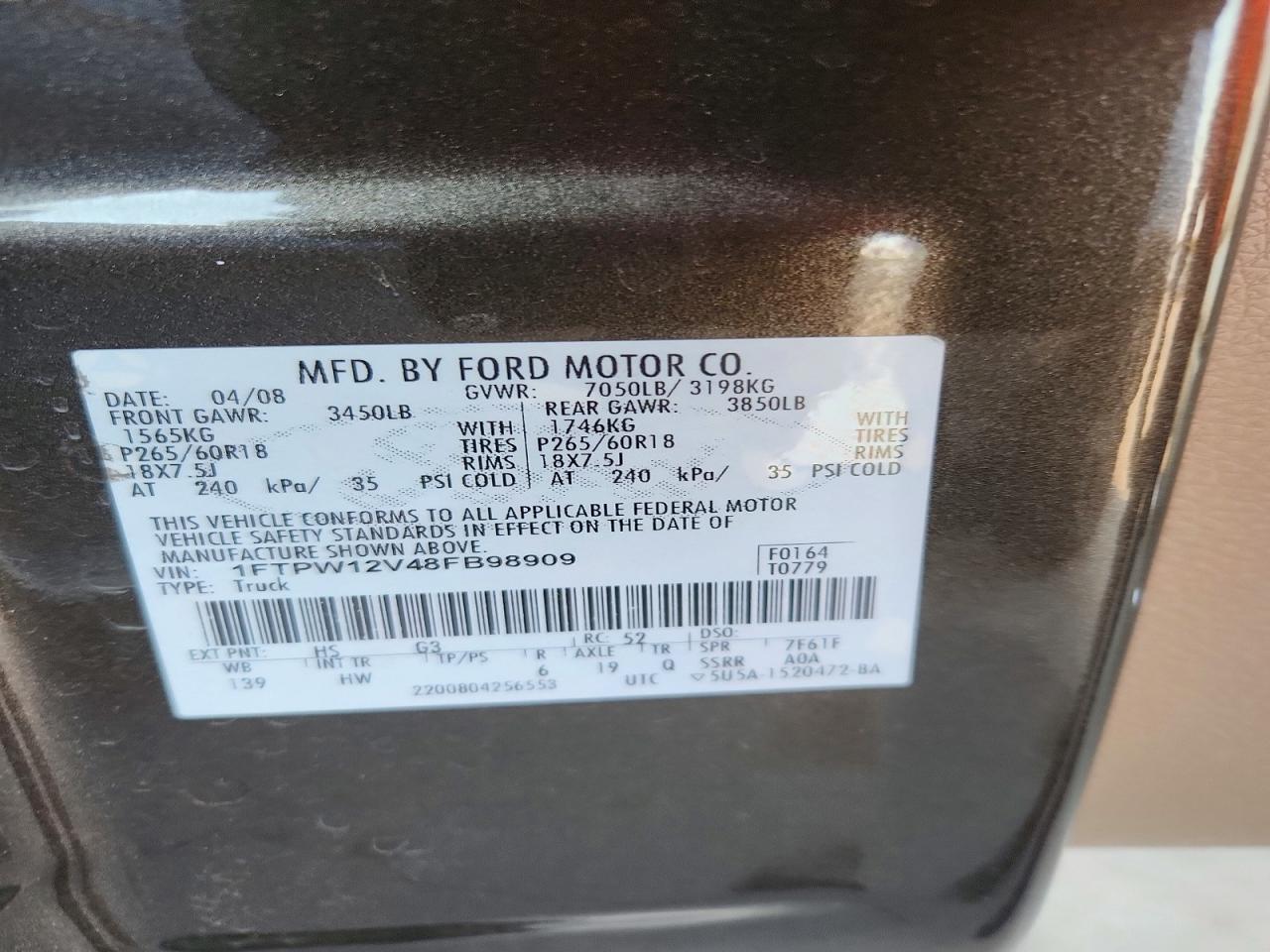 2008 Ford F150 Lariat Tan vin: 1FTPW12V48FB98909
