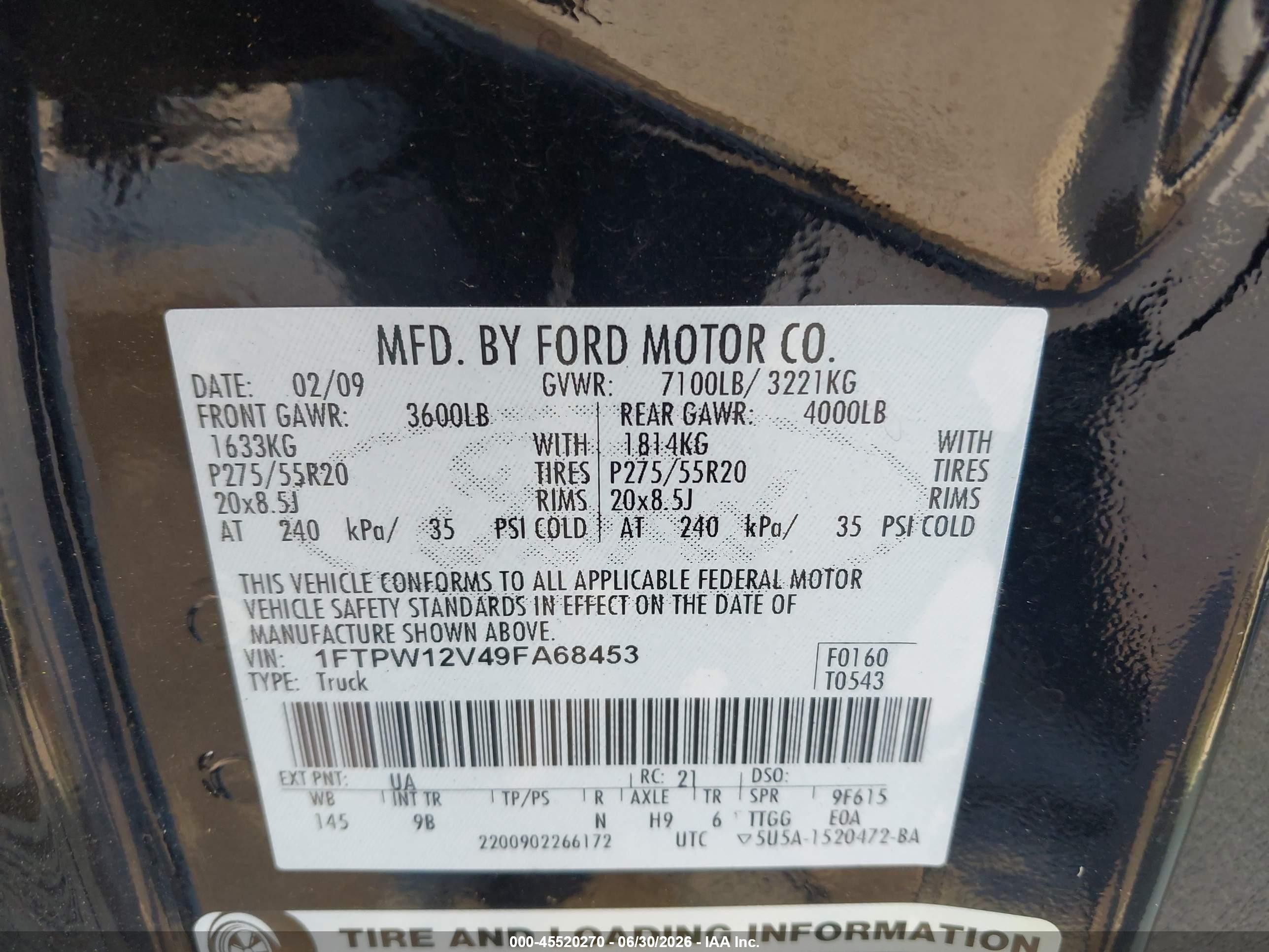 2009 Ford F-150 King Ranch/lariat/platinum/xl/xlt Black vin: 1FTPW12V49FA68453