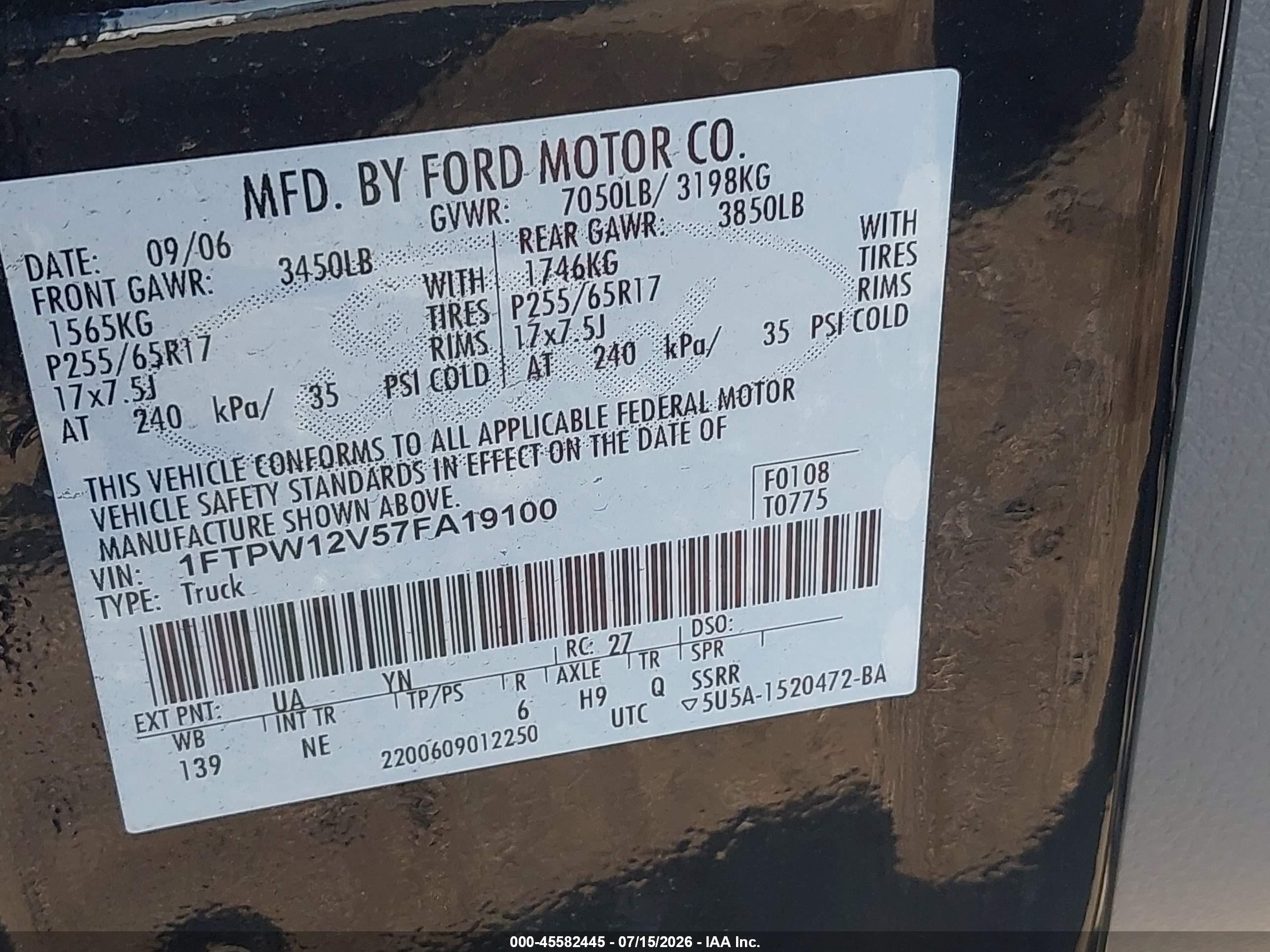 2007 Ford F-150 Lariat/xlt Black vin: 1FTPW12V57FA19100