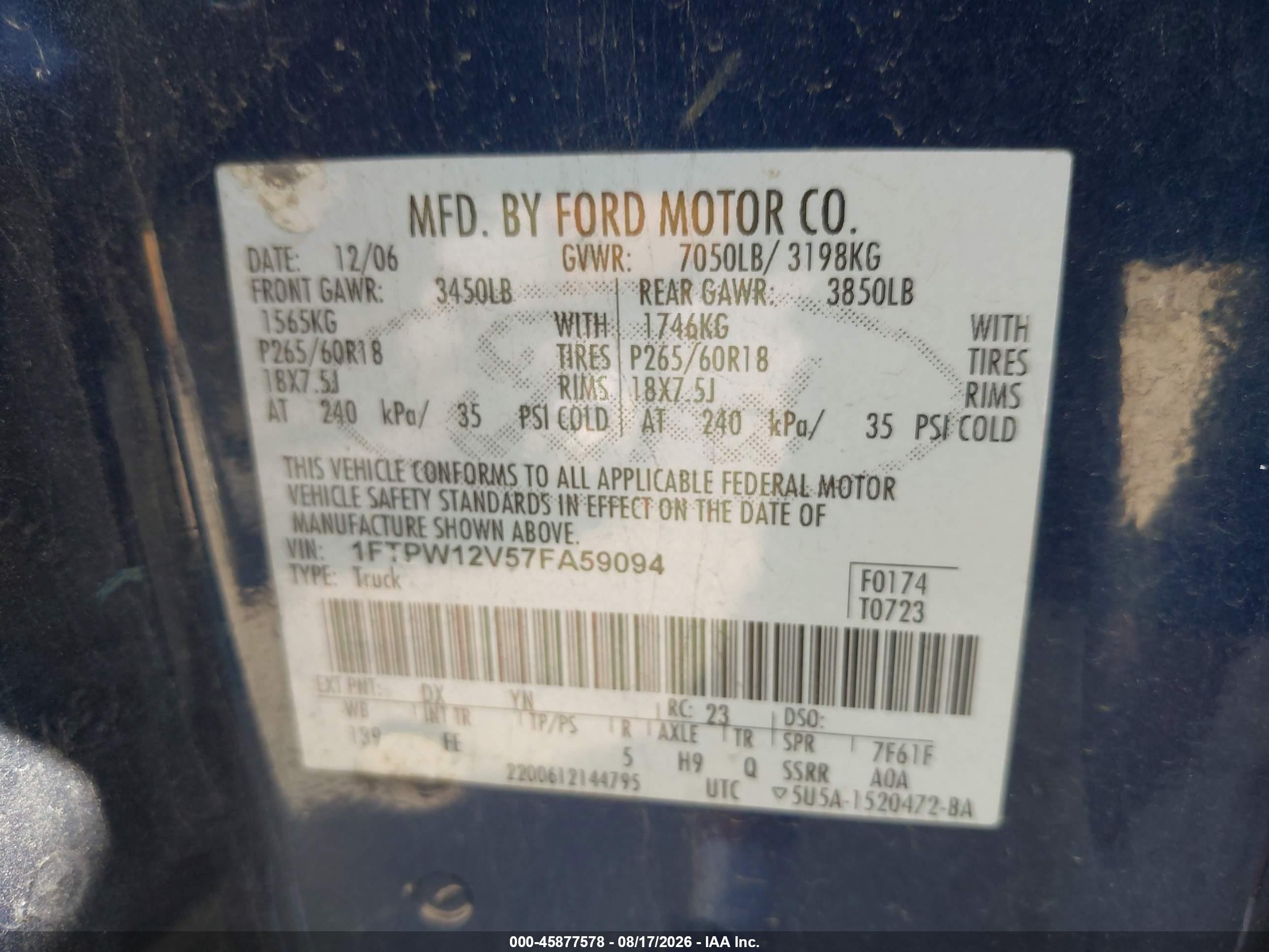2007 Ford F-150 Lariat/xlt Blue vin: 1FTPW12V57FA59094