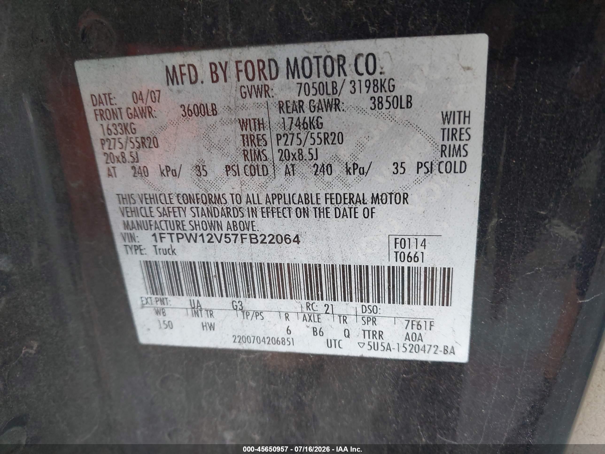 2007 Ford F-150 Lariat/xlt Black vin: 1FTPW12V57FB22064