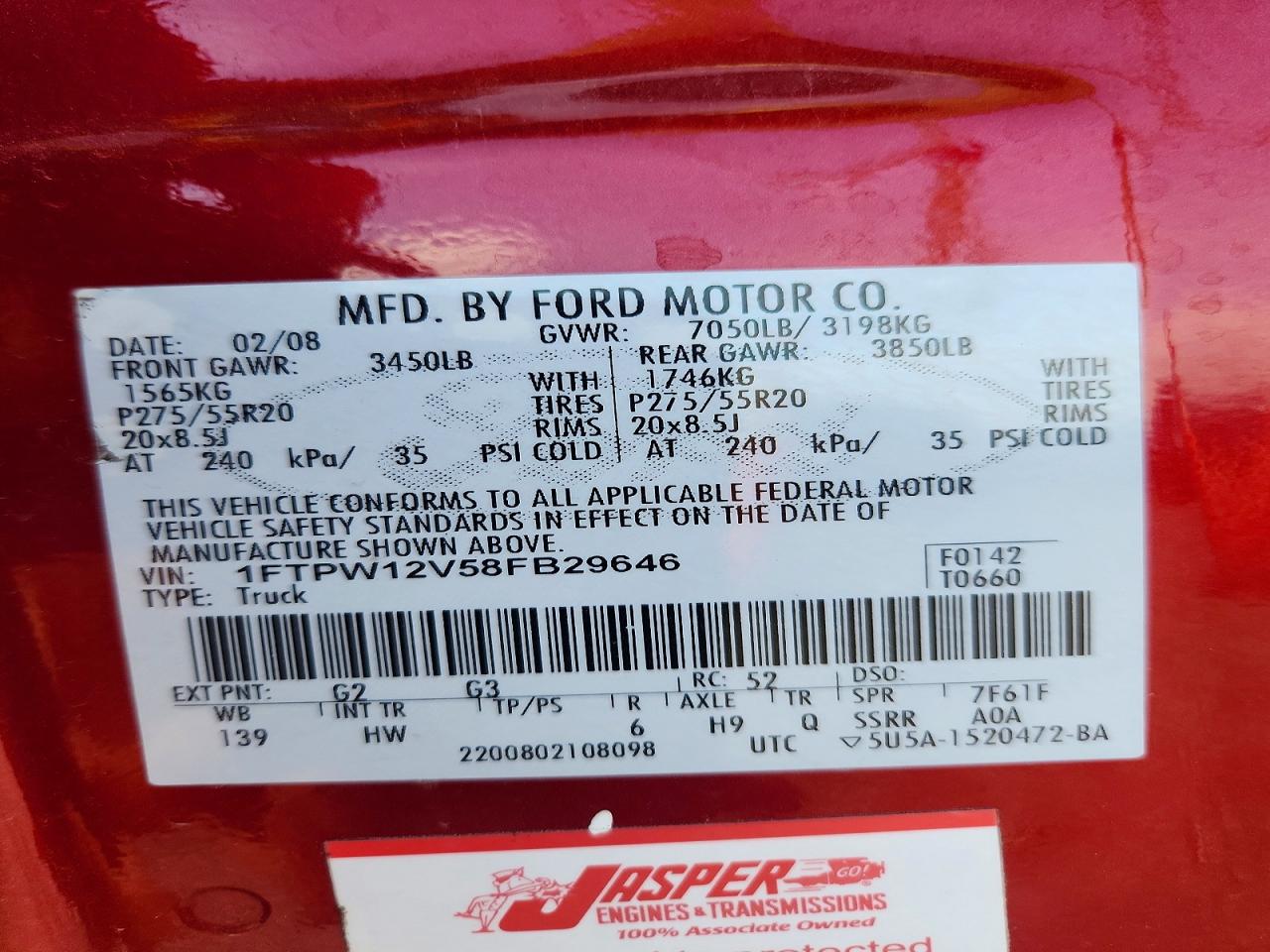 2008 Ford F150 Supercrew Red vin: 1FTPW12V58FB29646