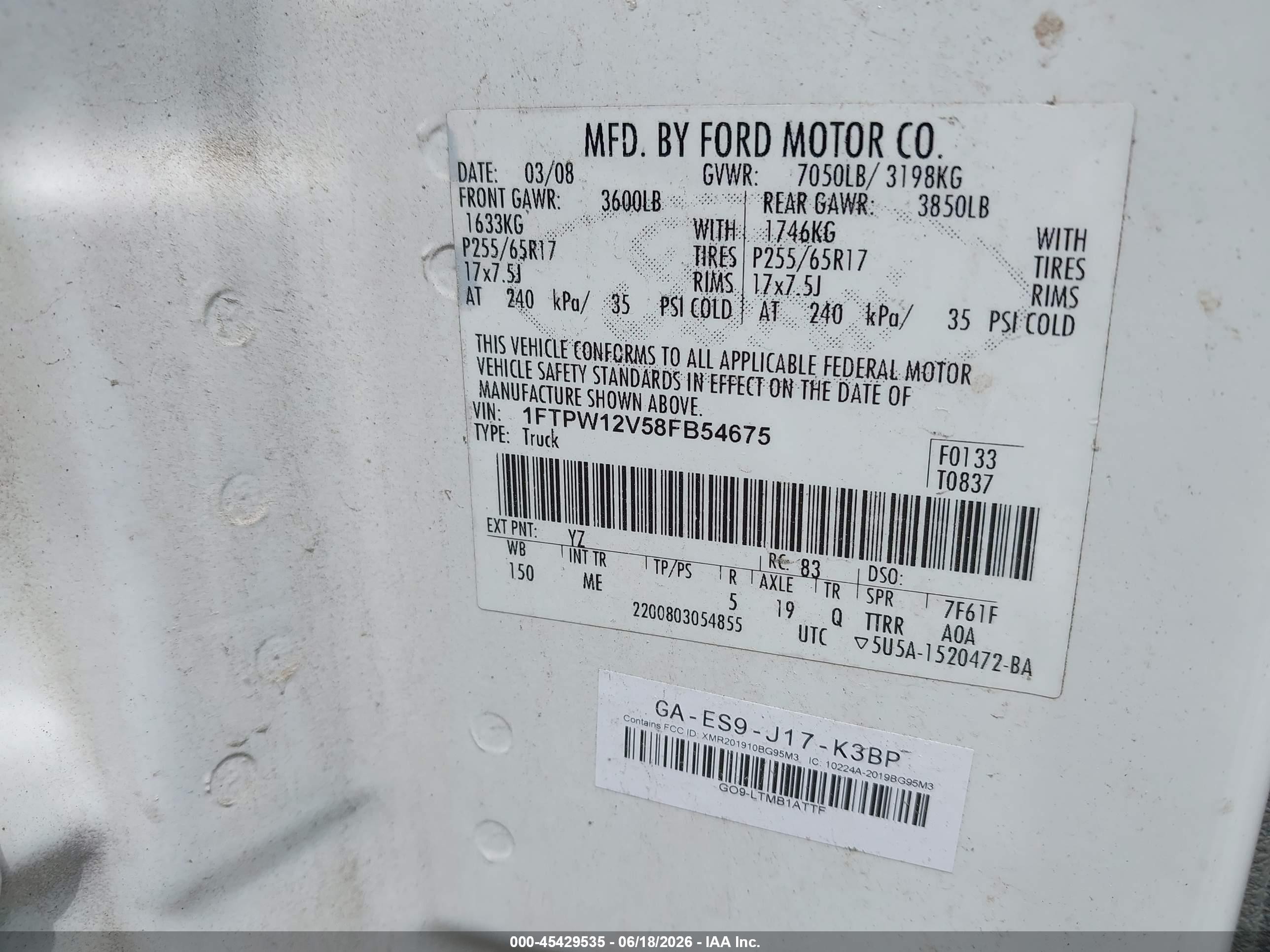 2008 Ford F-150   White vin: 1FTPW12V58FB54675