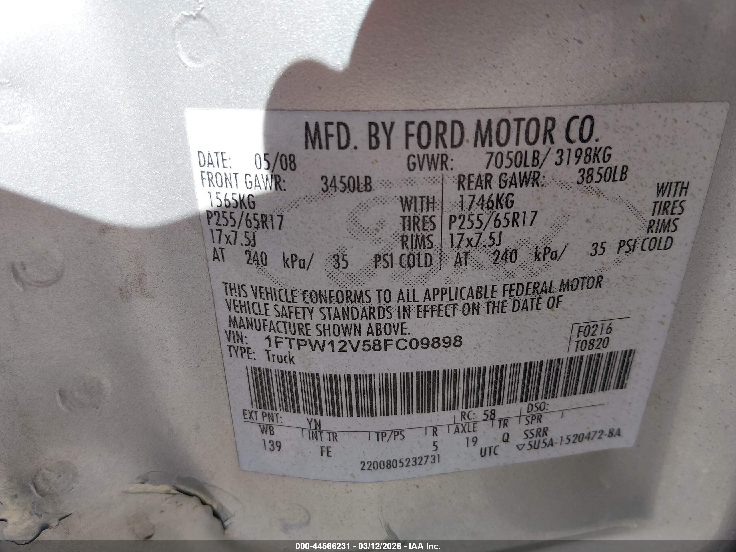 2008 Ford F-150 60th Anniversary/fx2/king Ranch/lariat/xlt Gray vin: 1FTPW12V58FC09898