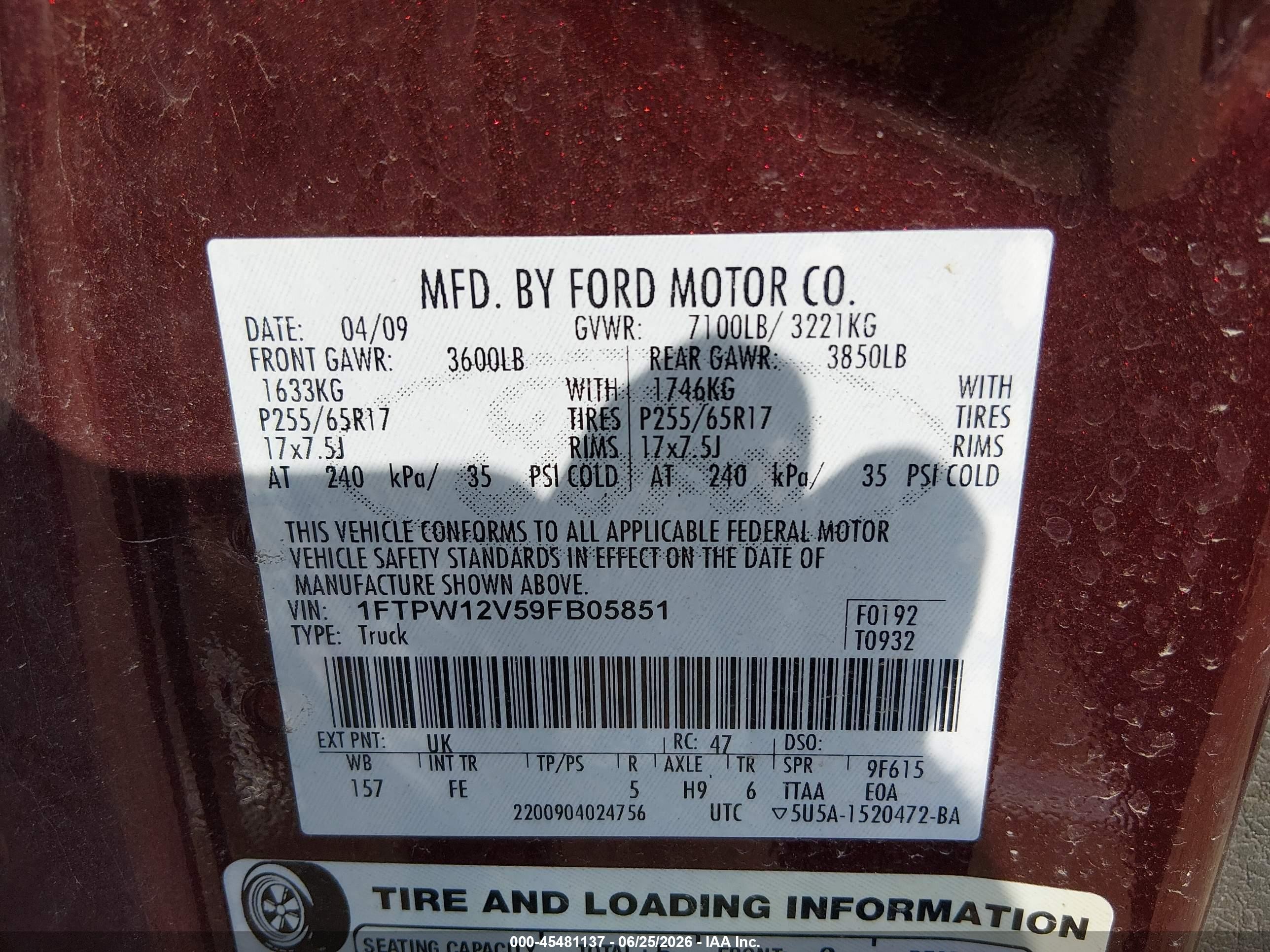 2009 Ford F-150 Xlt Red vin: 1FTPW12V59FB05851