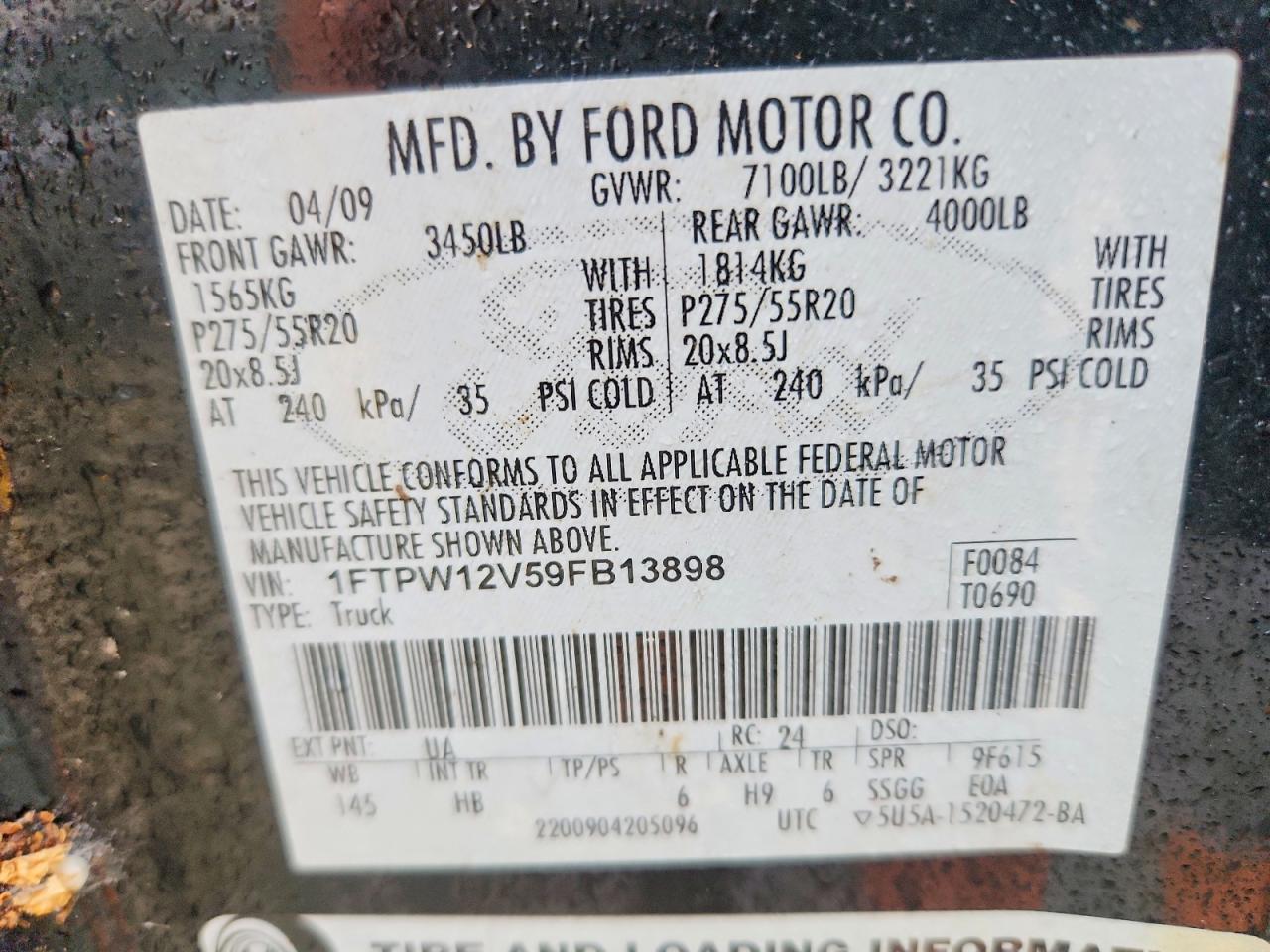 2009 Ford F150 Supercrew Black vin: 1FTPW12V59FB13898