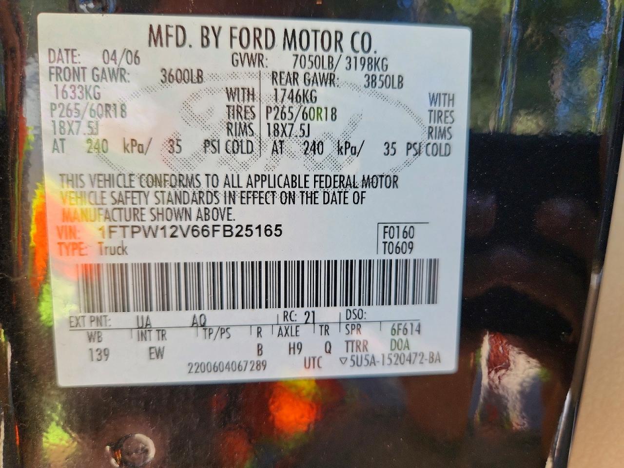 2006 Ford F150 Supercrew Black vin: 1FTPW12V66FB25165