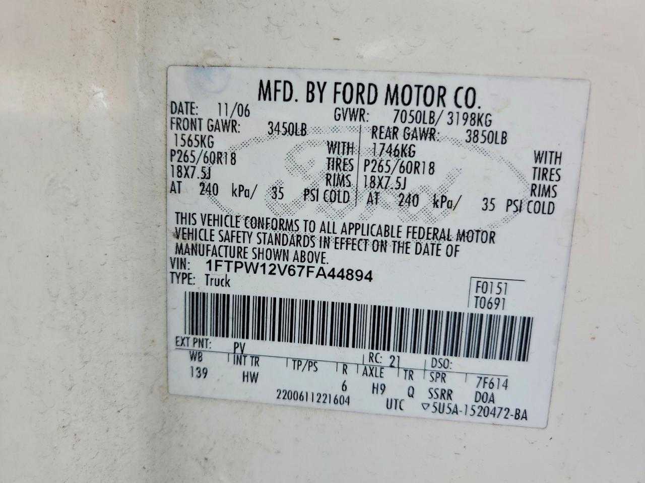2007 Ford F150 Supercrew White vin: 1FTPW12V67FA44894