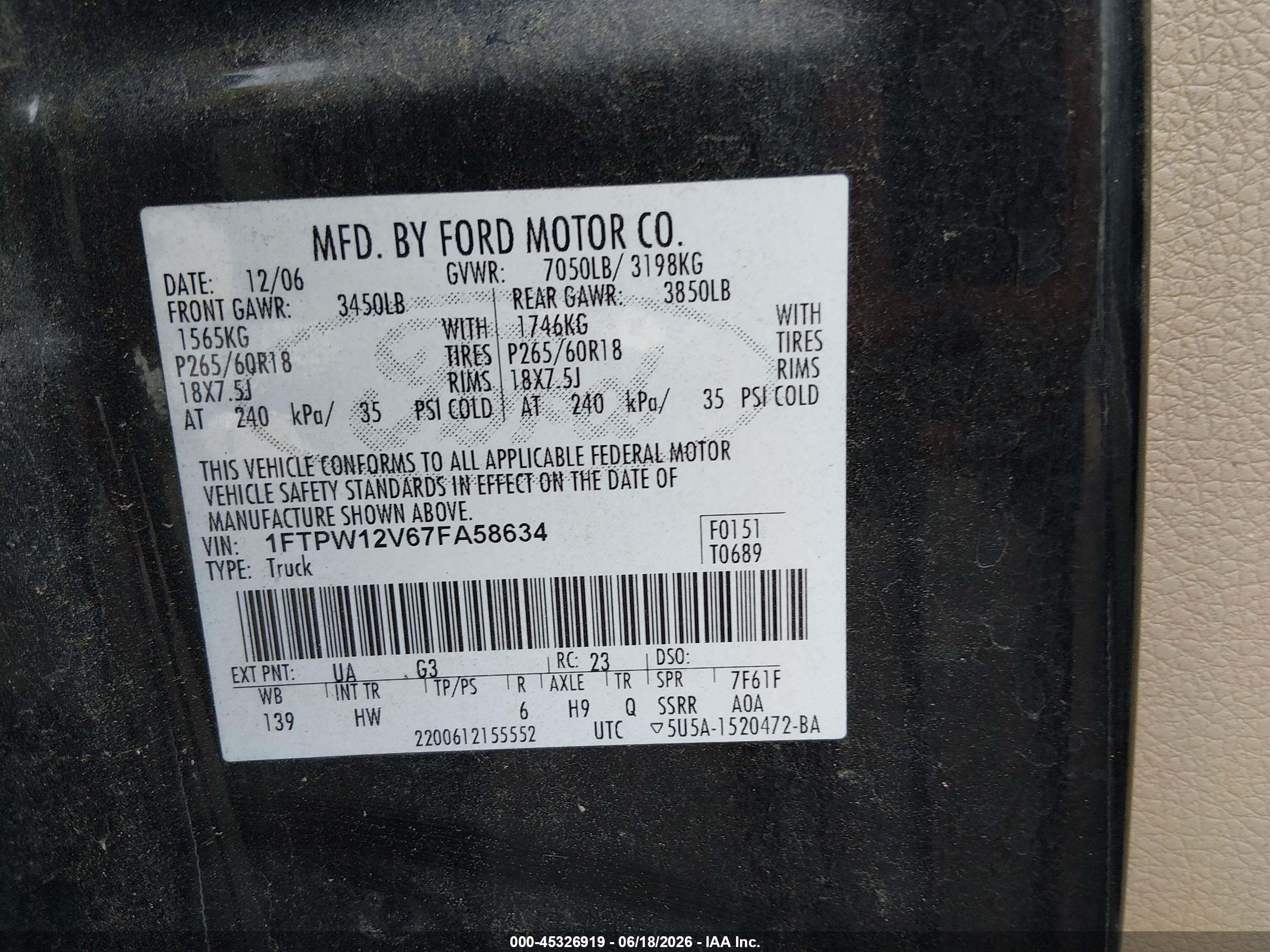 2007 Ford F-150 Lariat/xlt Black vin: 1FTPW12V67FA58634