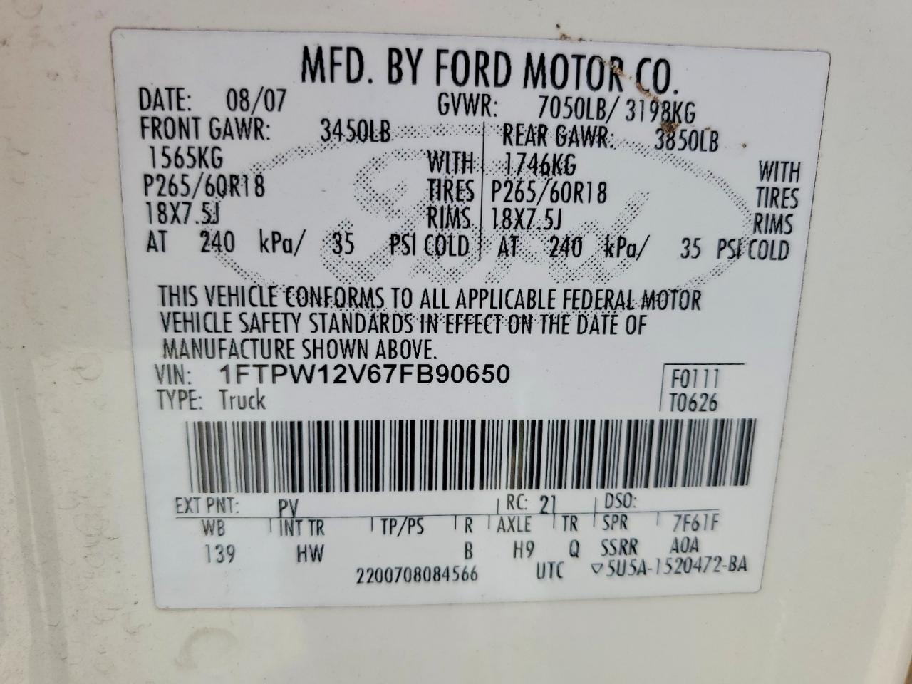 2007 Ford F150 Supercrew White vin: 1FTPW12V67FB90650