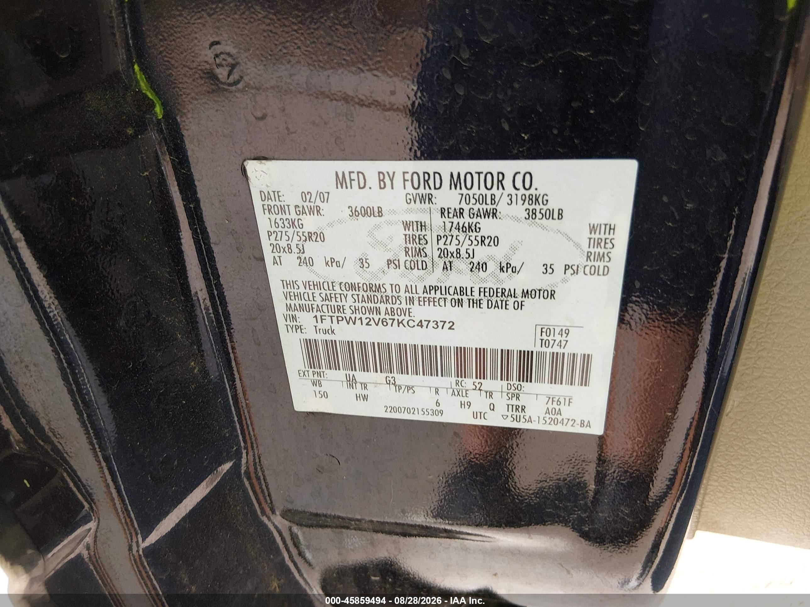2007 Ford F-150 Lariat/xlt Black vin: 1FTPW12V67KC47372