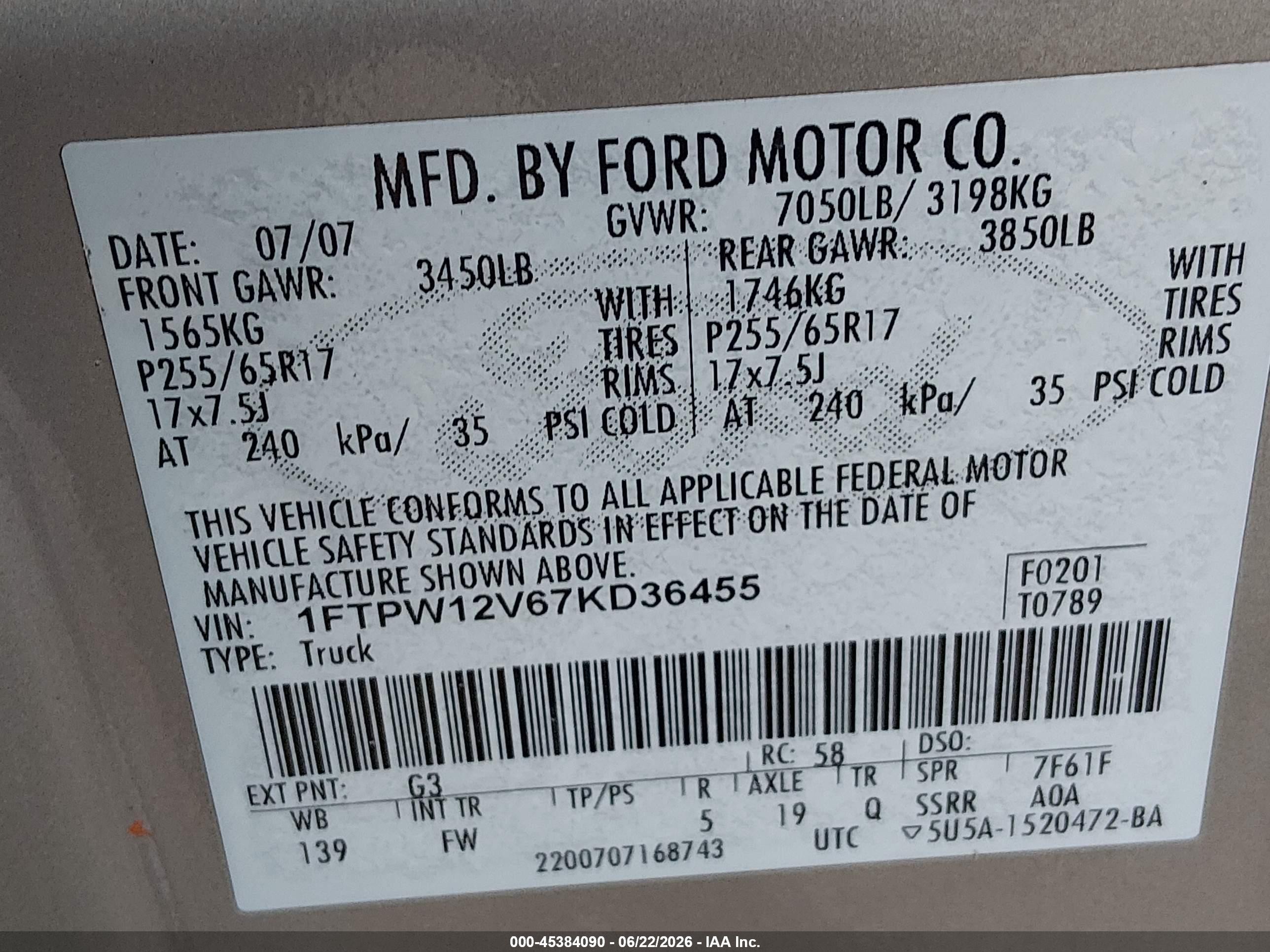 2007 Ford F-150 Lariat/xlt Gold vin: 1FTPW12V67KD36455