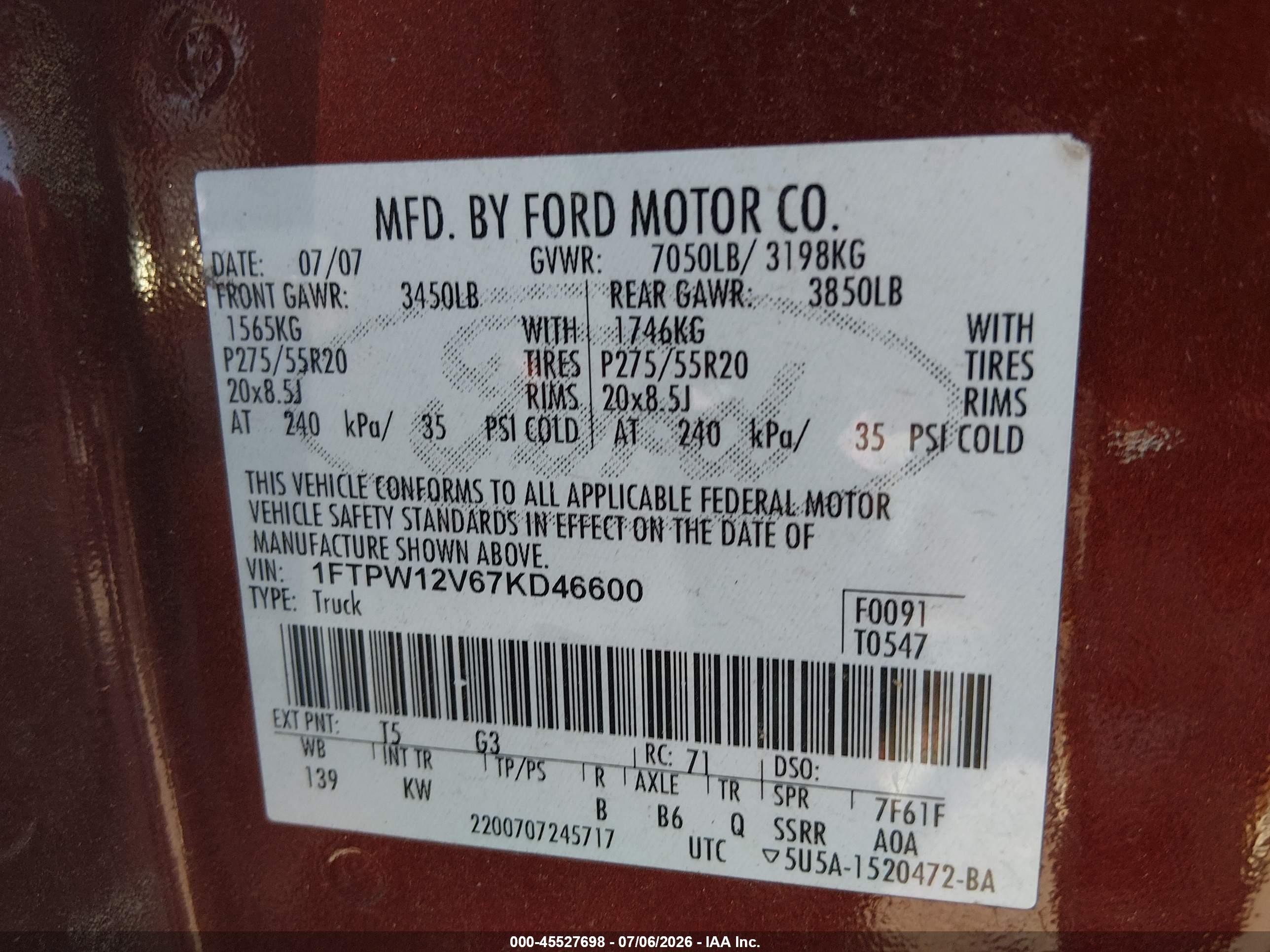 2007 Ford F-150 Lariat/xlt Maroon vin: 1FTPW12V67KD46600